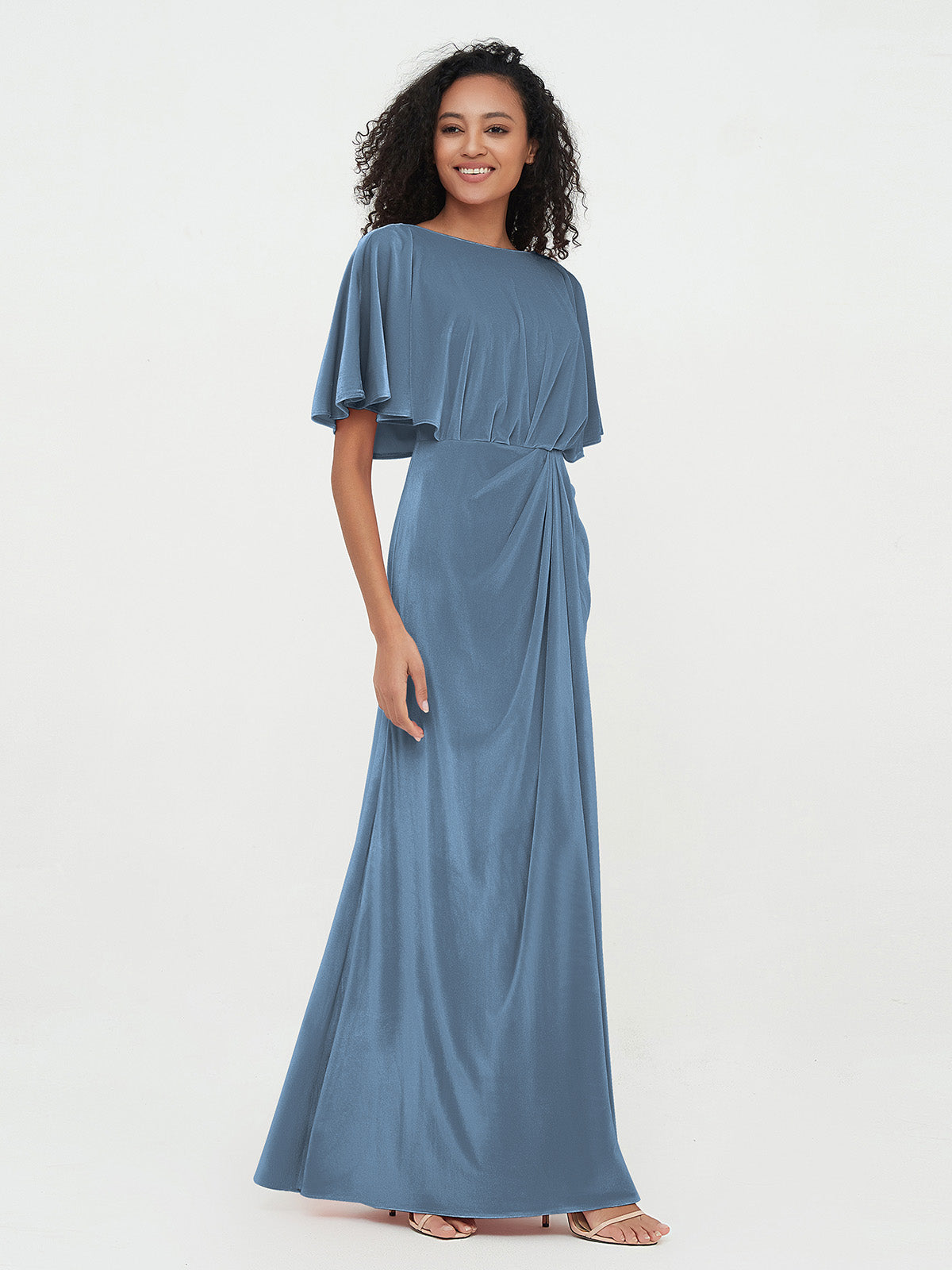 Sheath Velvet Long Dresses with Flutter Sleeves Slate Blue Plus Size ...