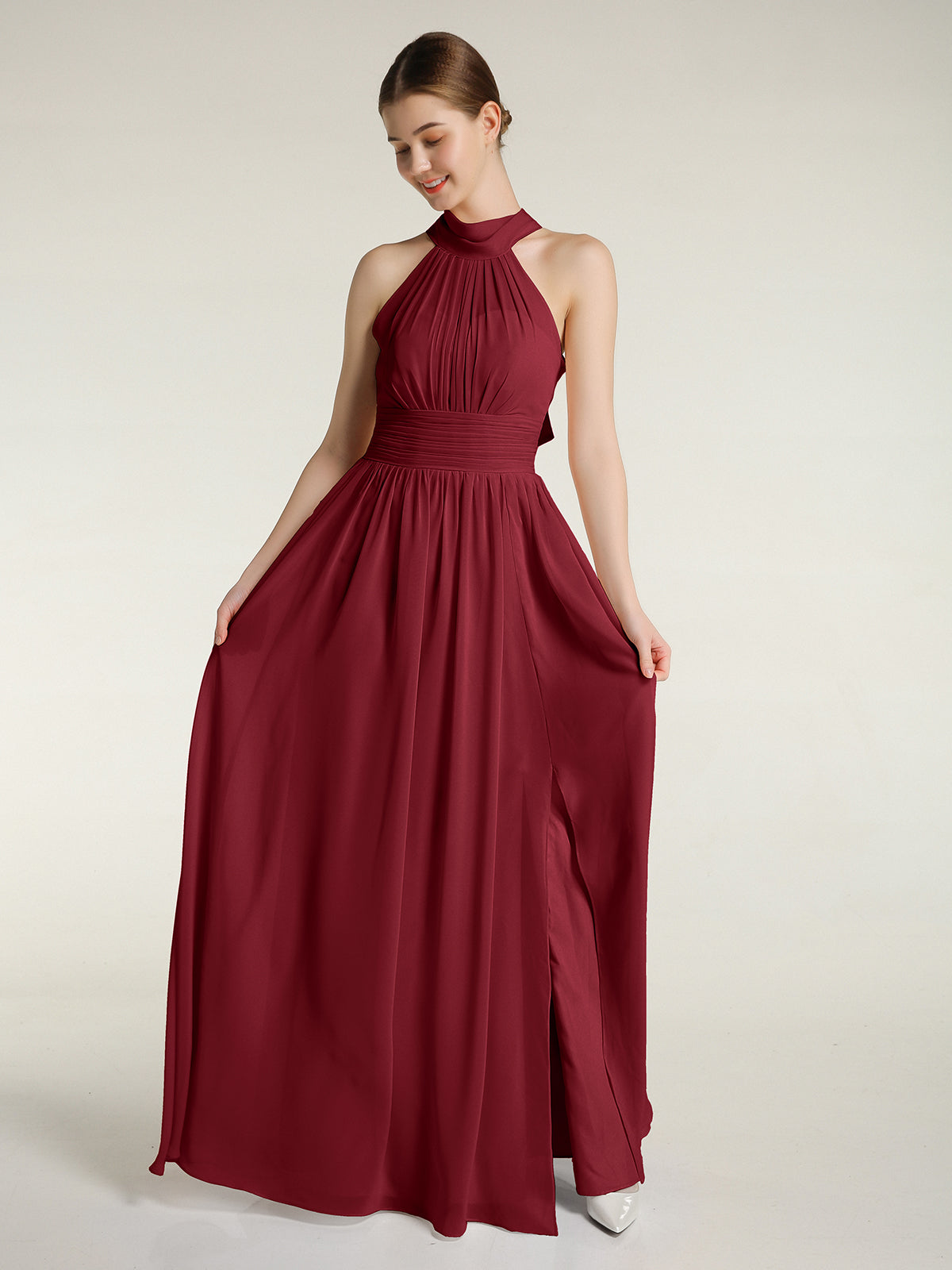 BABARONI High Neck Full Length Dresses with Slit Burgundy, Burgundy / US0