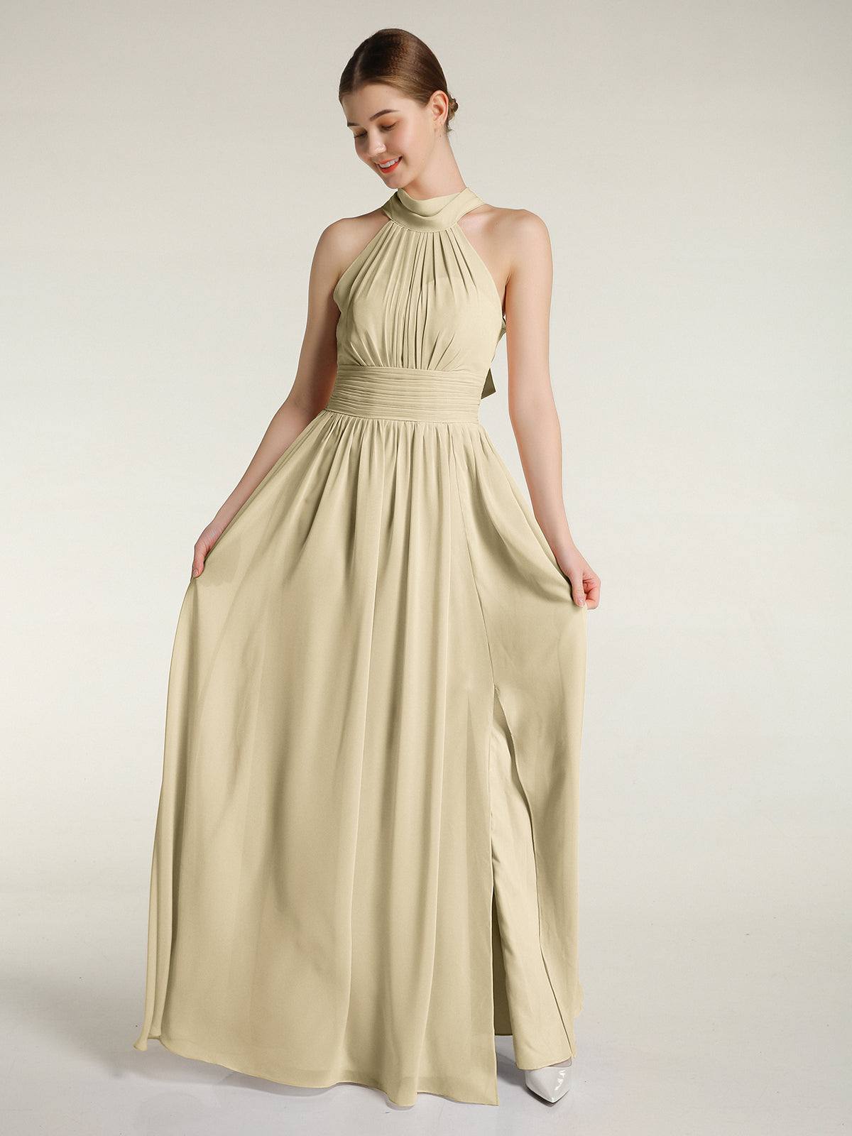 BABARONI High Neck Full Length Dresses with Slit Champagne, Champagne / US0 BABARONI High Neck Full Length Dresses with Slit Champagne, Champagne / US0