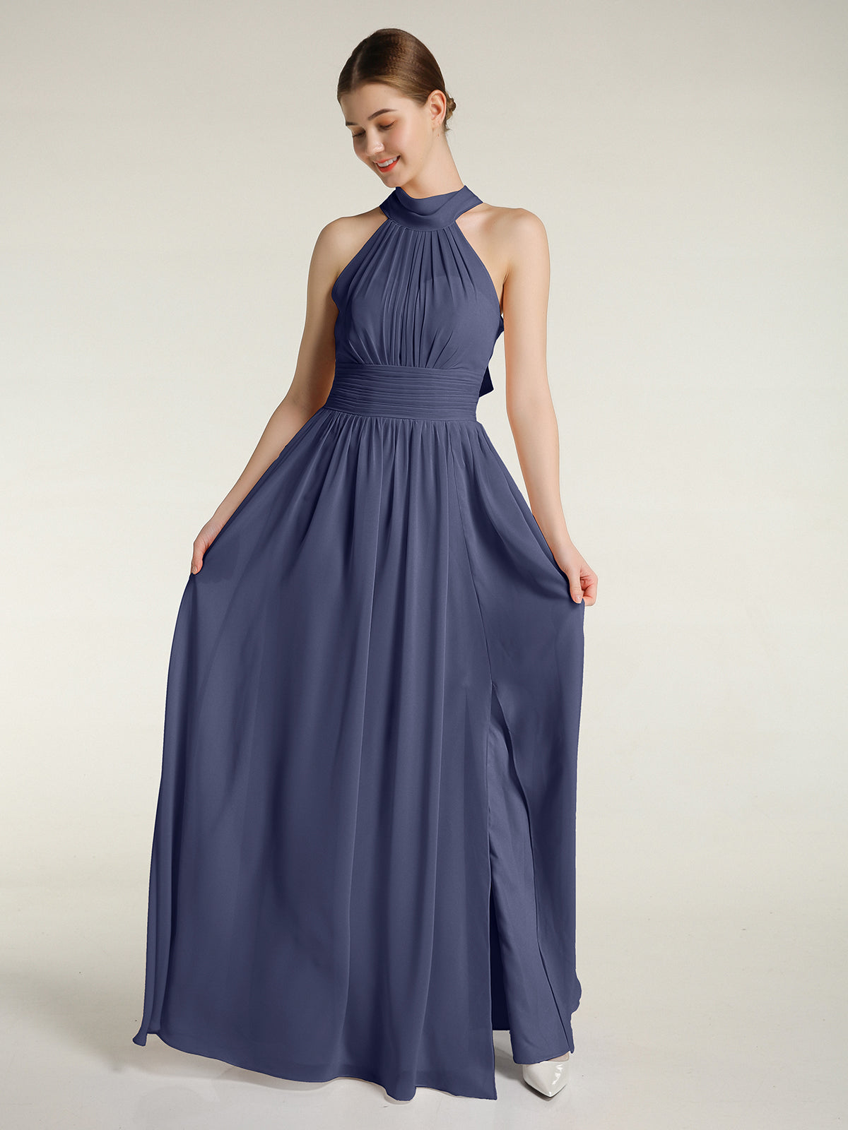 BABARONI Chiffon Stormy Bridesmaid Dresses High Neck Floor-length Sleeveless Ruched A-line, Stormy / US0