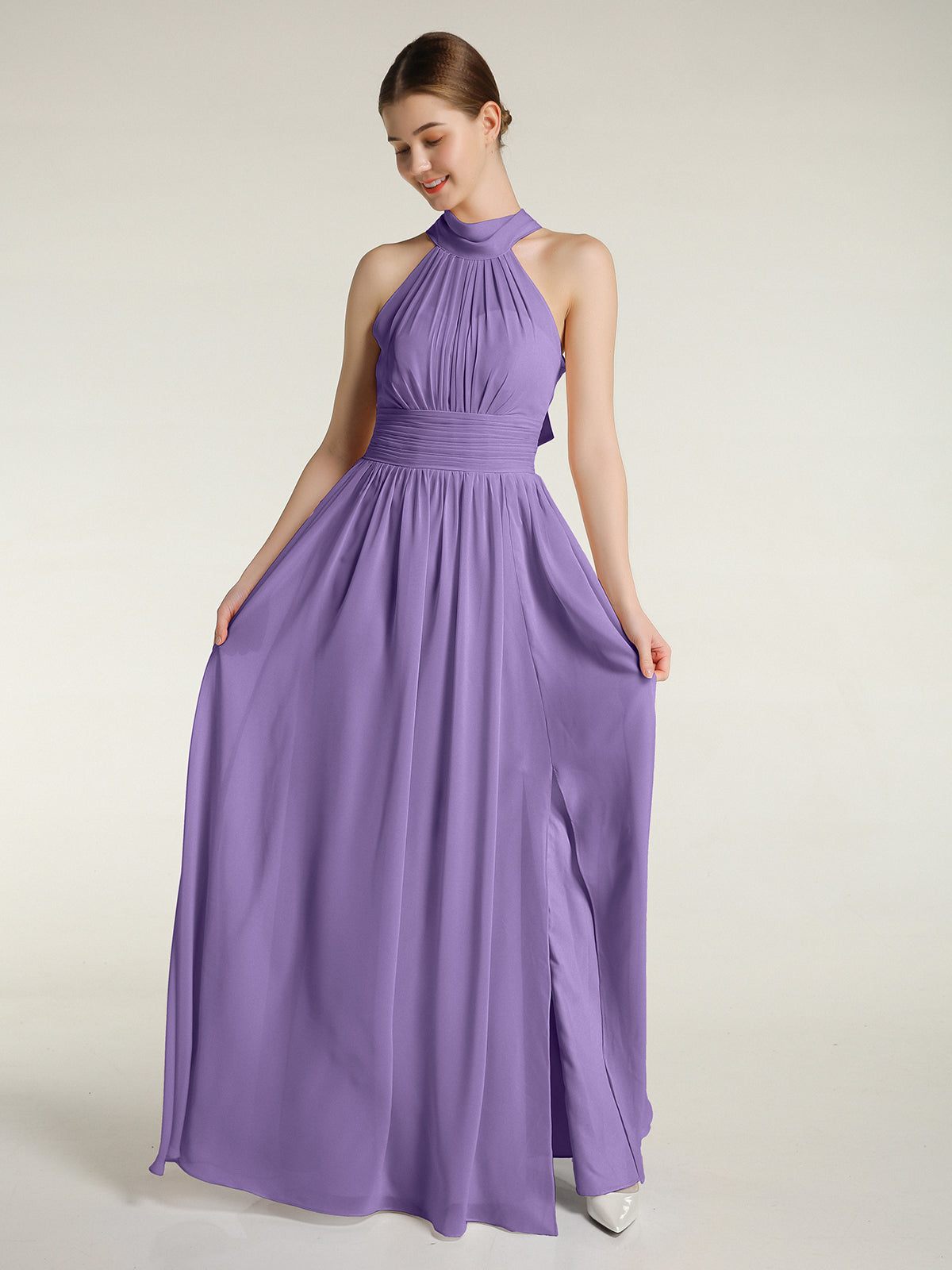BABARONI Chiffon Tahiti Bridesmaid Dresses High Neck Floor-length Sleeveless Ruched A-line, Tahiti / US18