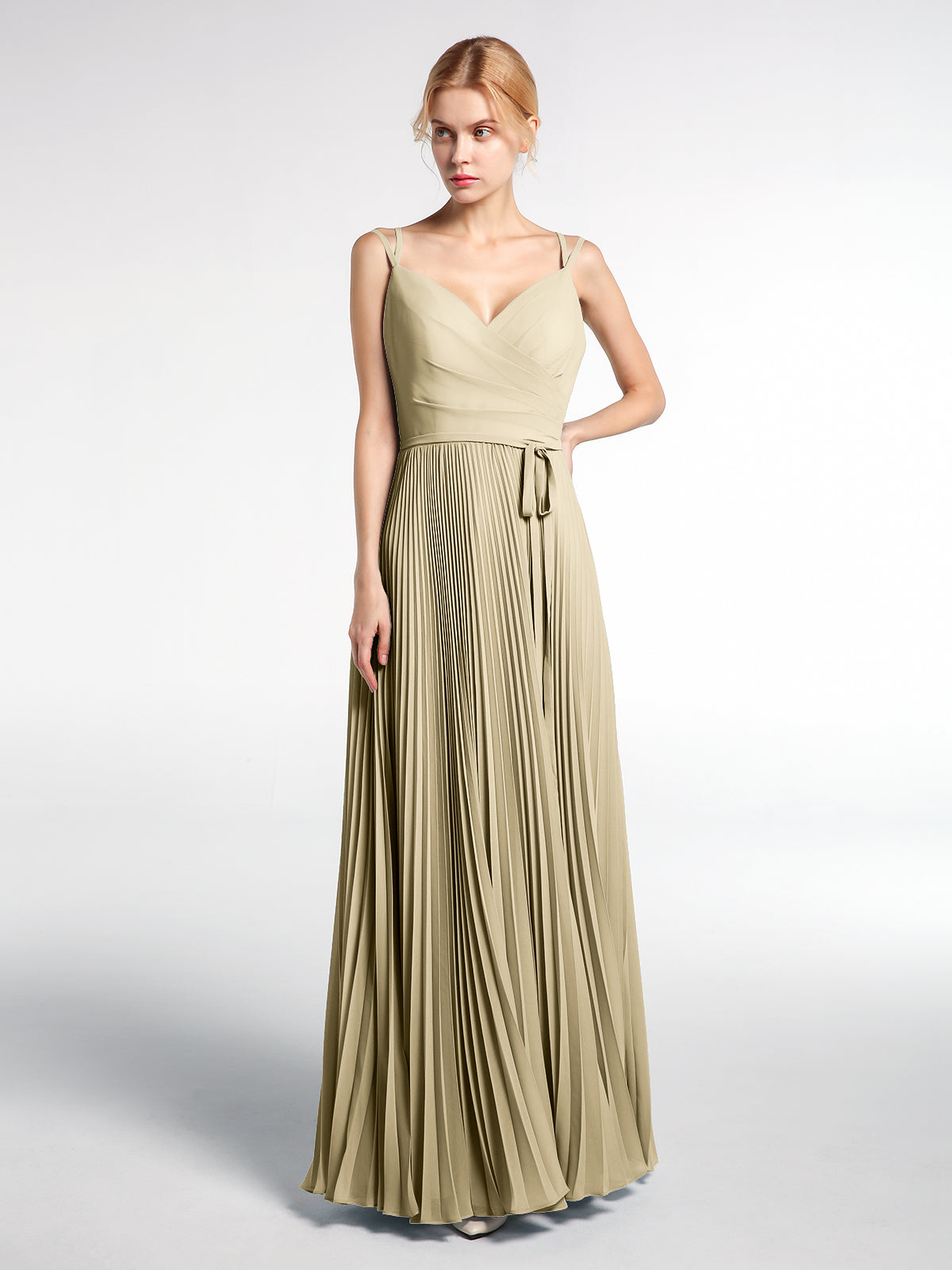 BABARONI Pleated Skit Double Straps Dress with Self tie Champagne, Champagne / US0