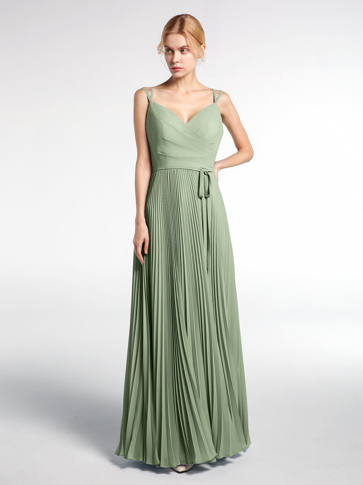 BABARONI Pleated Skit Double Straps Dress with Self tie Dusty Sage Plus Size, Dusty Sage / US18