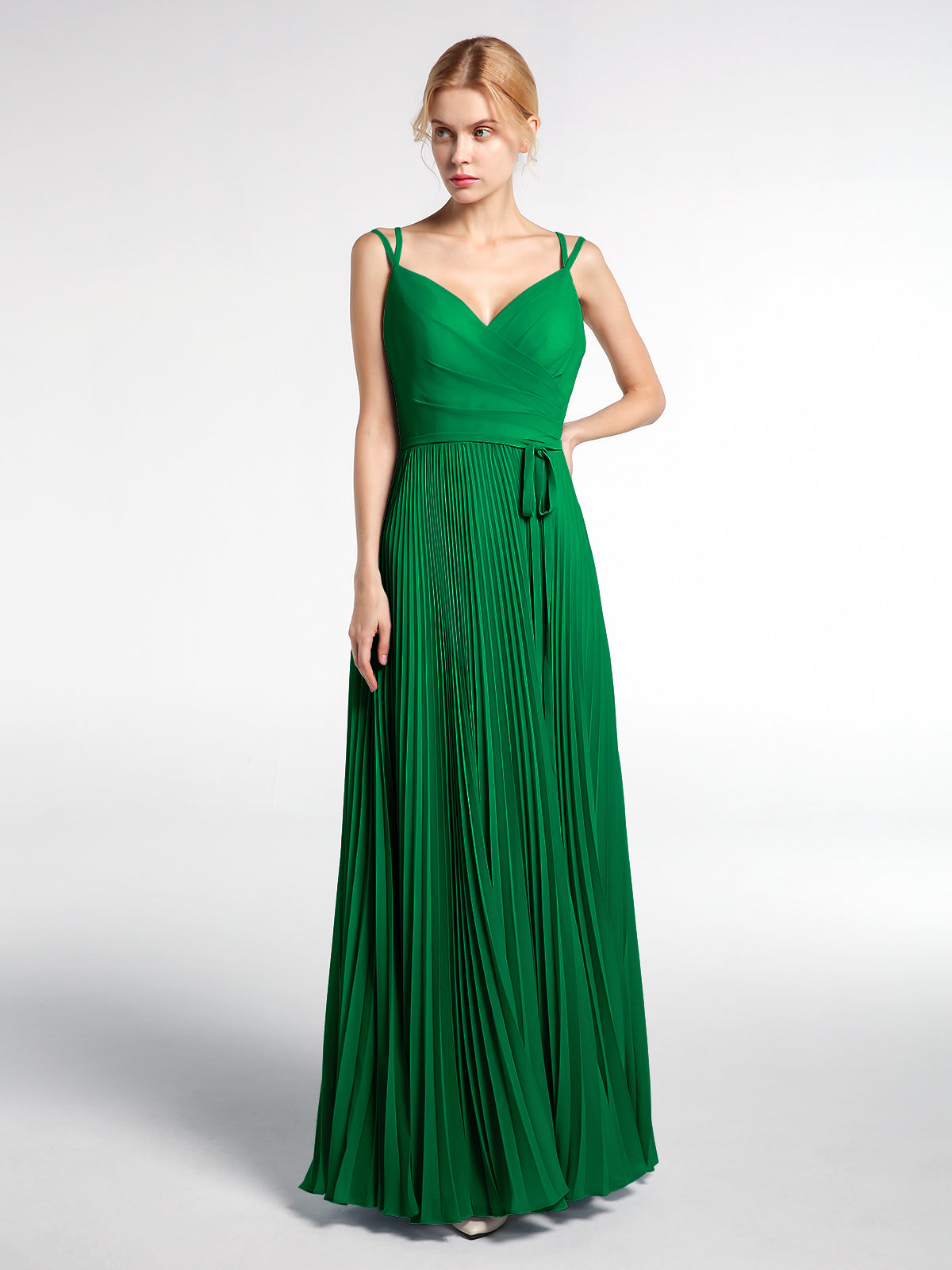BABARONI Pleated Skit Double Straps Dress with Self tie Emerald Plus Size, Emerald / US18