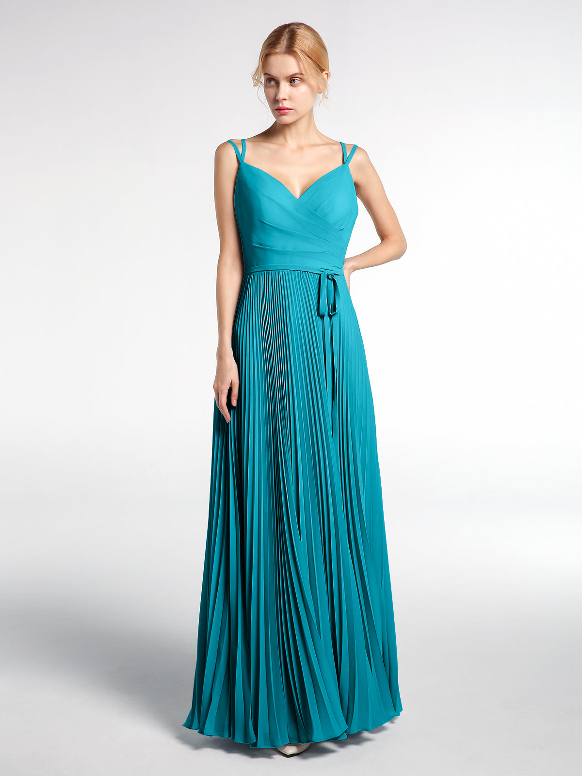 Double Straps Pleated Skirt Dress with Self-tie Sky Blue