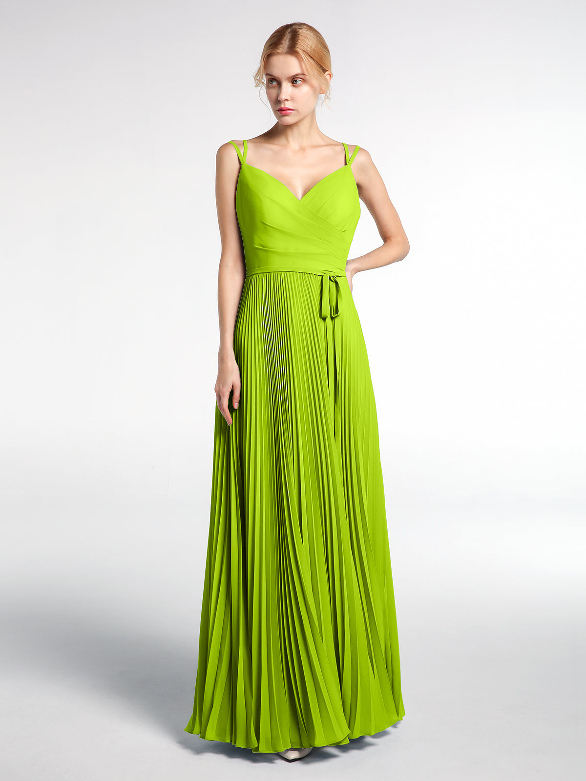 BABARONI Pleated Skit Double Straps Dress with Self tie Lime Green, Lime Green / US0 BABARONI Pleated Skit Double Straps Dress with Self tie Lime Green, Lime Green / US0