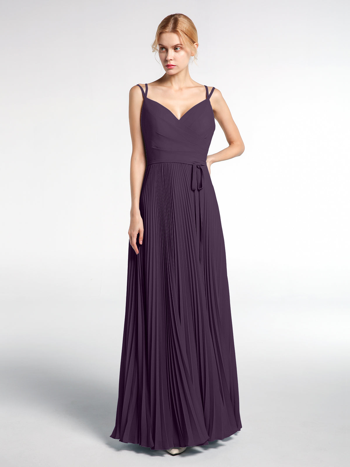 BABARONI Pleated Skit Double Straps Dress with Self Tie Plum, Plum / US0