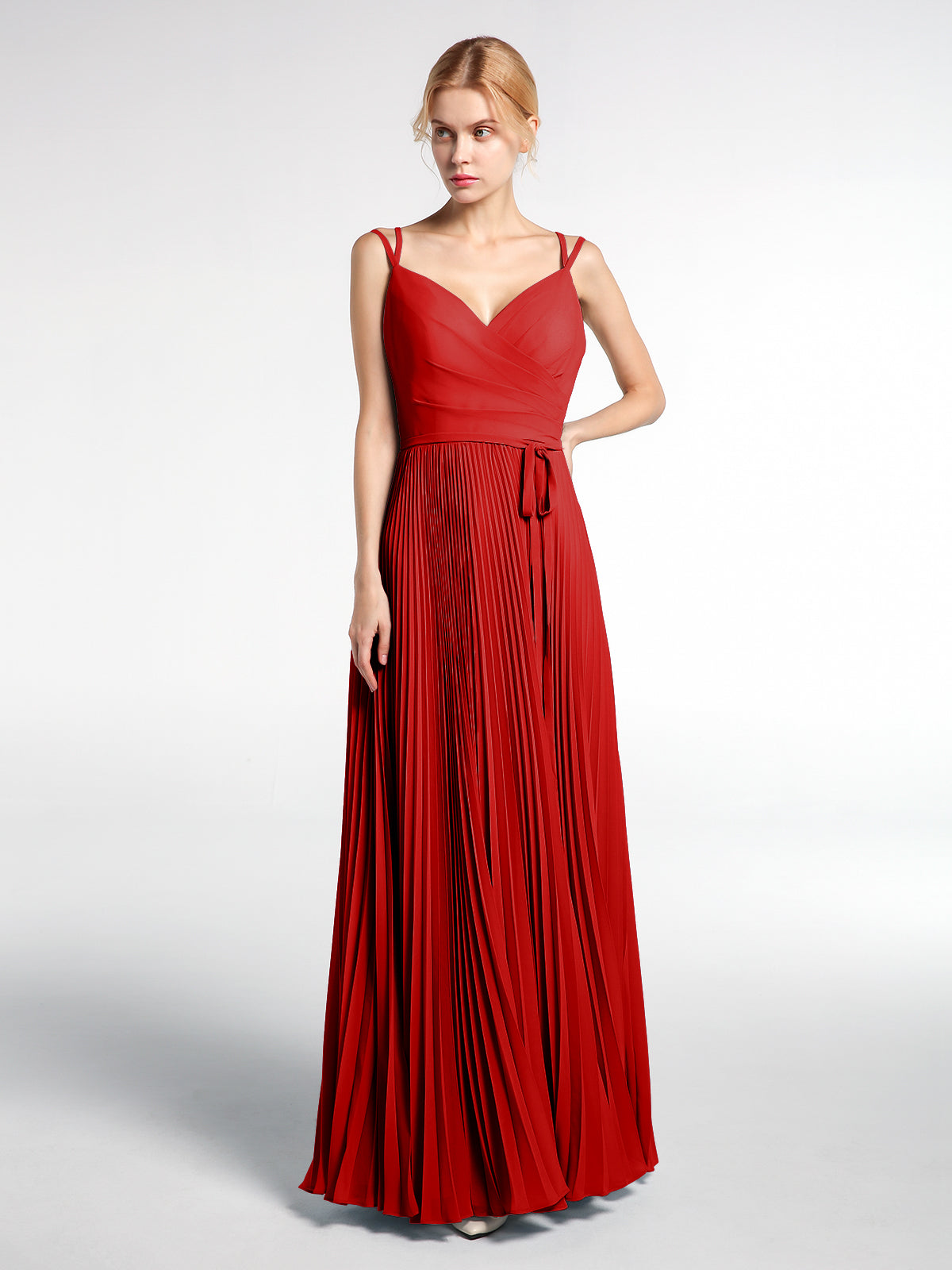 Pleated Skit Double Straps Dress with Self tie Ink Blue