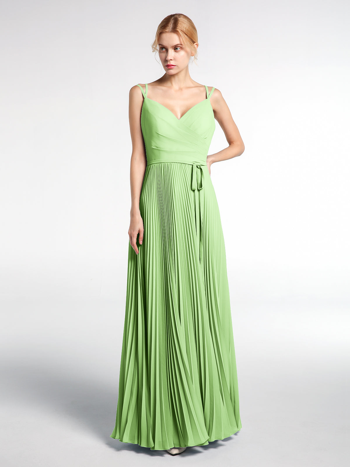 BABARONI Pleated Skit Double Straps Dress with Self tie Sage, Sage / US0