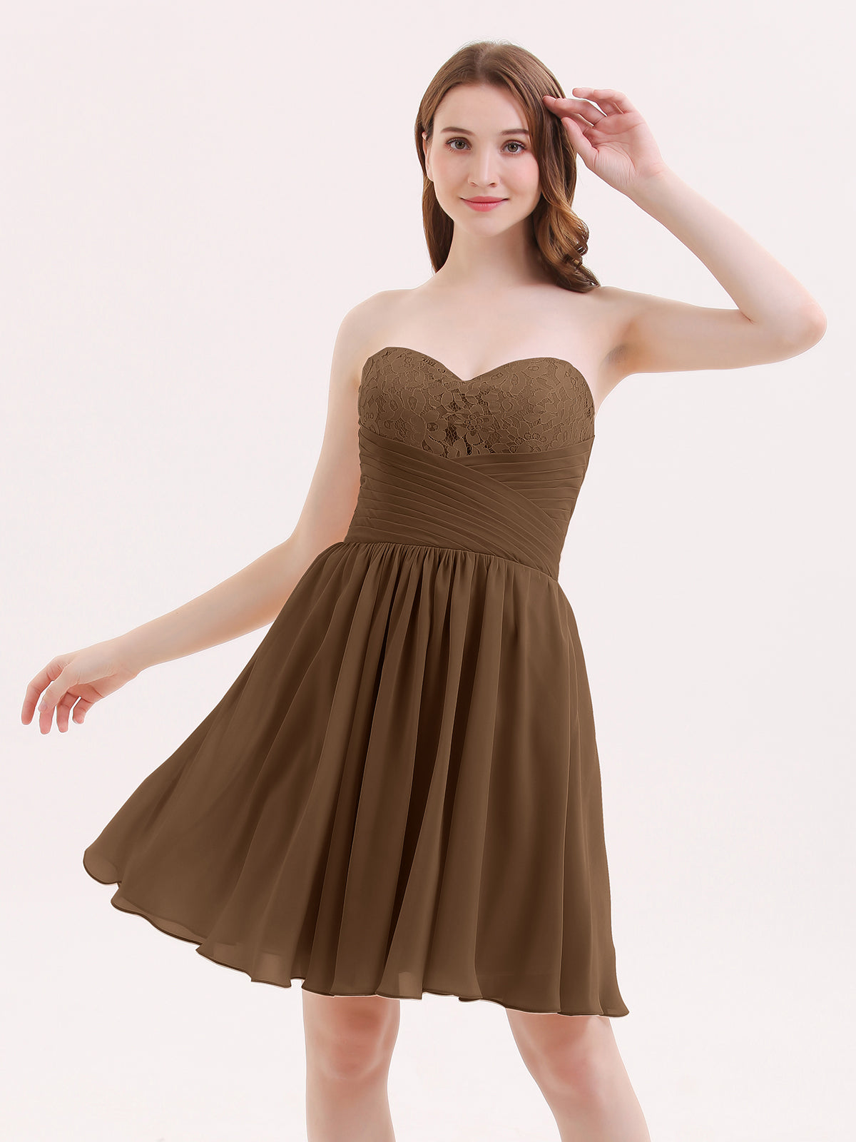 BABARONI Strapless Short Chiffon Dress with Sweetheart Neck Brown Plus Size, Brown / US18