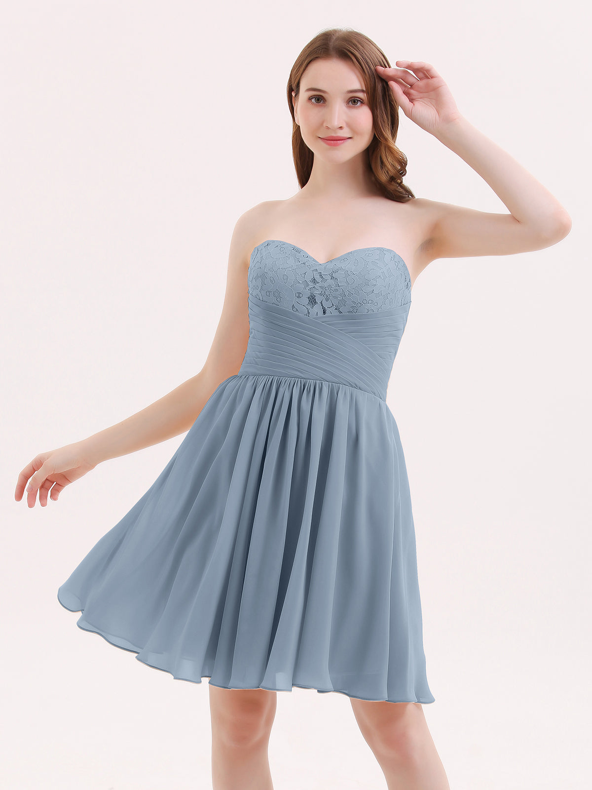 BABARONI Strapless Short Chiffon Dress with Sweetheart Neck Dusty Blue, Dusty Blue / US0