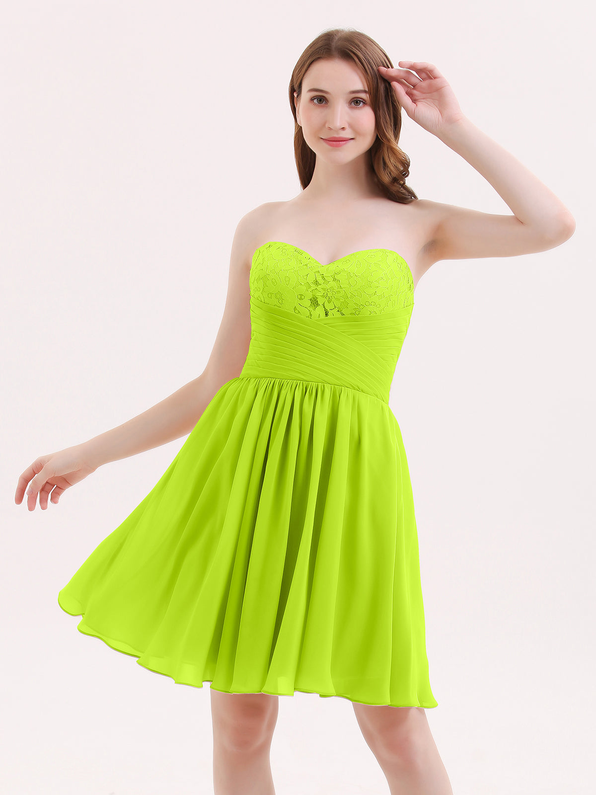BABARONI Strapless Short Chiffon Dress with Sweetheart Neck Lime Green, Lime Green / US0