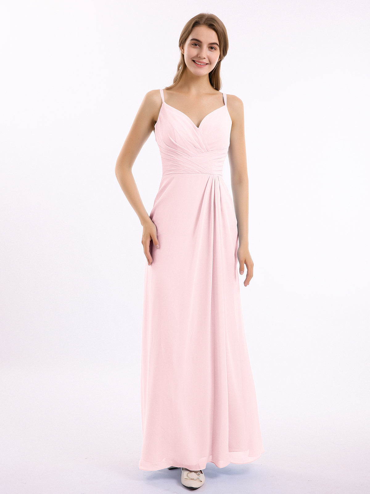 Full-length Spaghetti Strap Off Shoulder Chiffon Gown Blushing Pink Plus Size