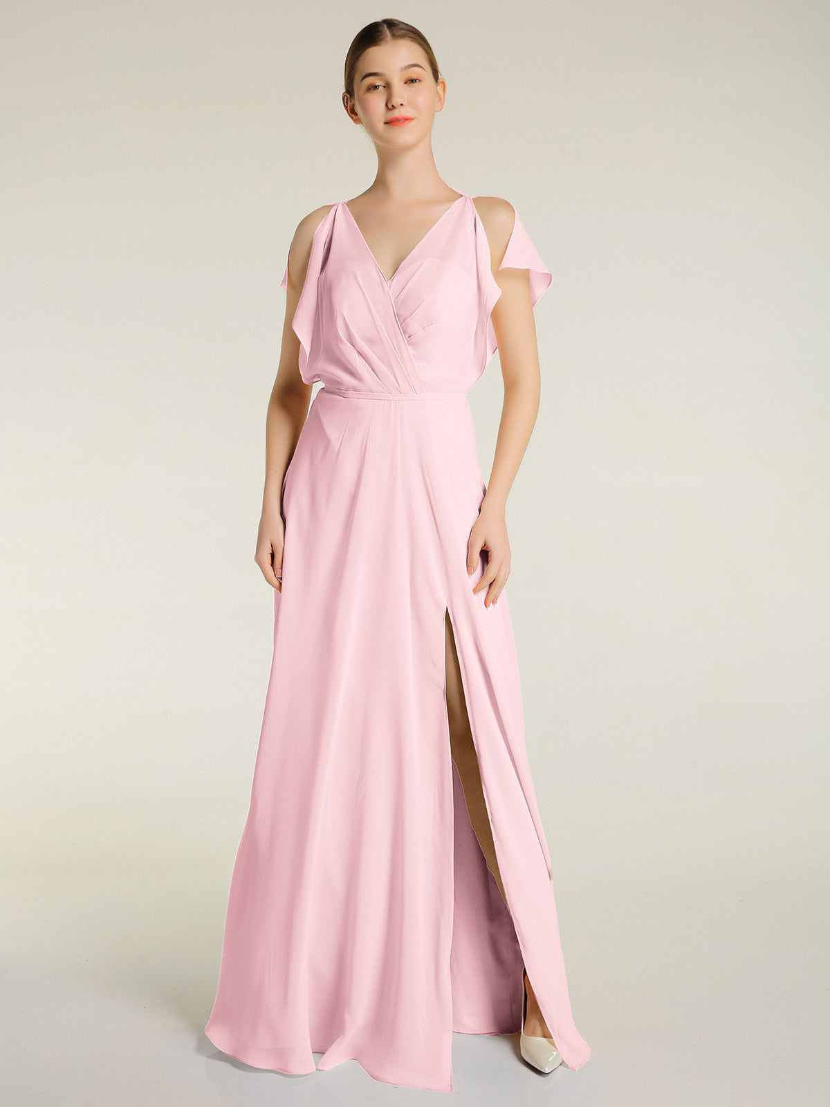 V-Neck Floor-Length Chiffon Lace Dress Blushing Pink Plus Size