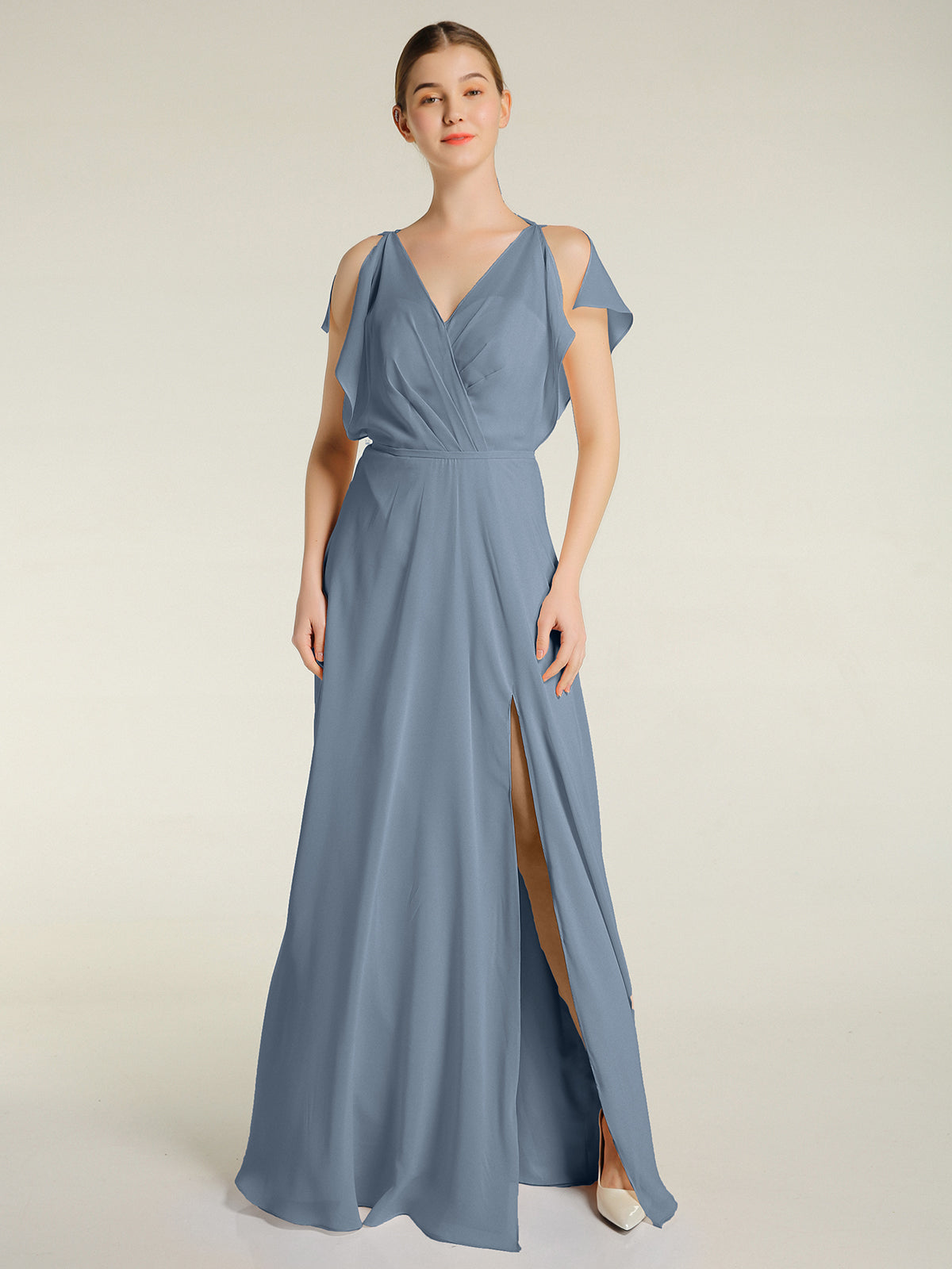 A-line Strapless Chiffon Dresses with Pockets Dusty Blue