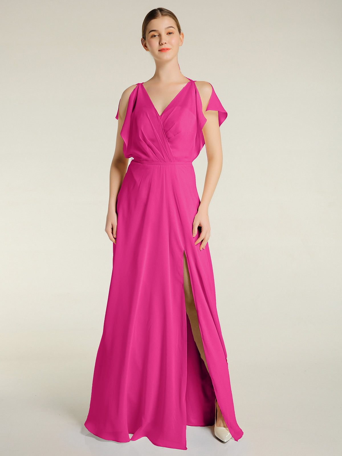 Long Sleeves Chiffon Dress with V-neck Fuchsia Plus Size