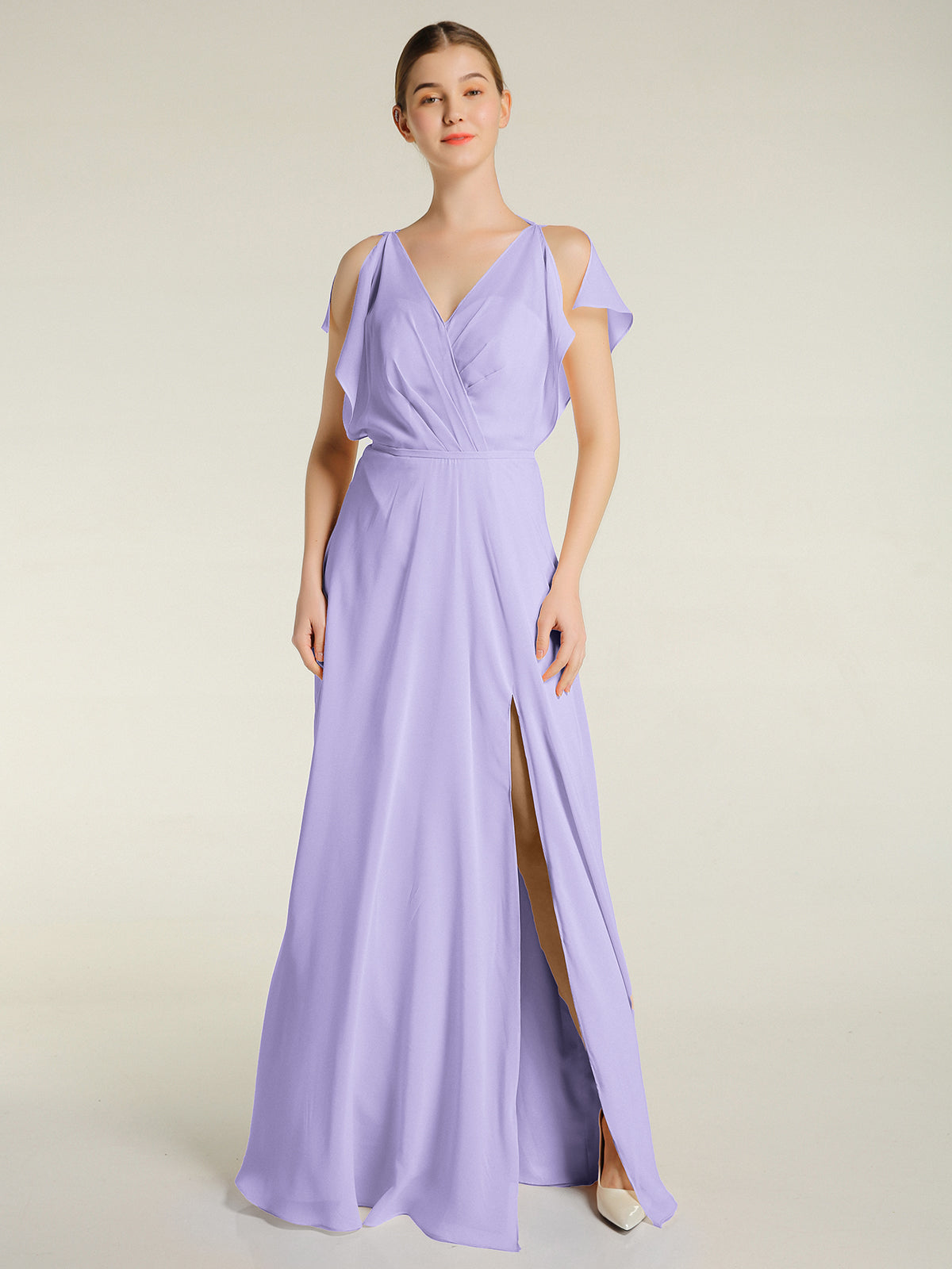 Lace and Chiffon v-NECK Dress with Slit Taupe Plus Size