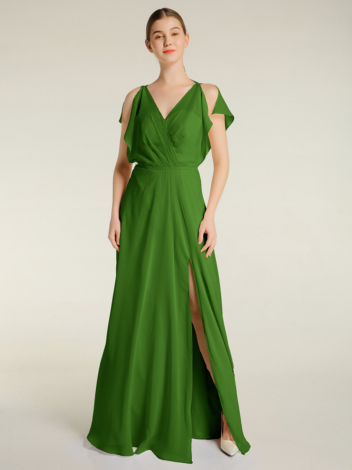Cold-Shoulder Empire Max Dress with Slit Moss