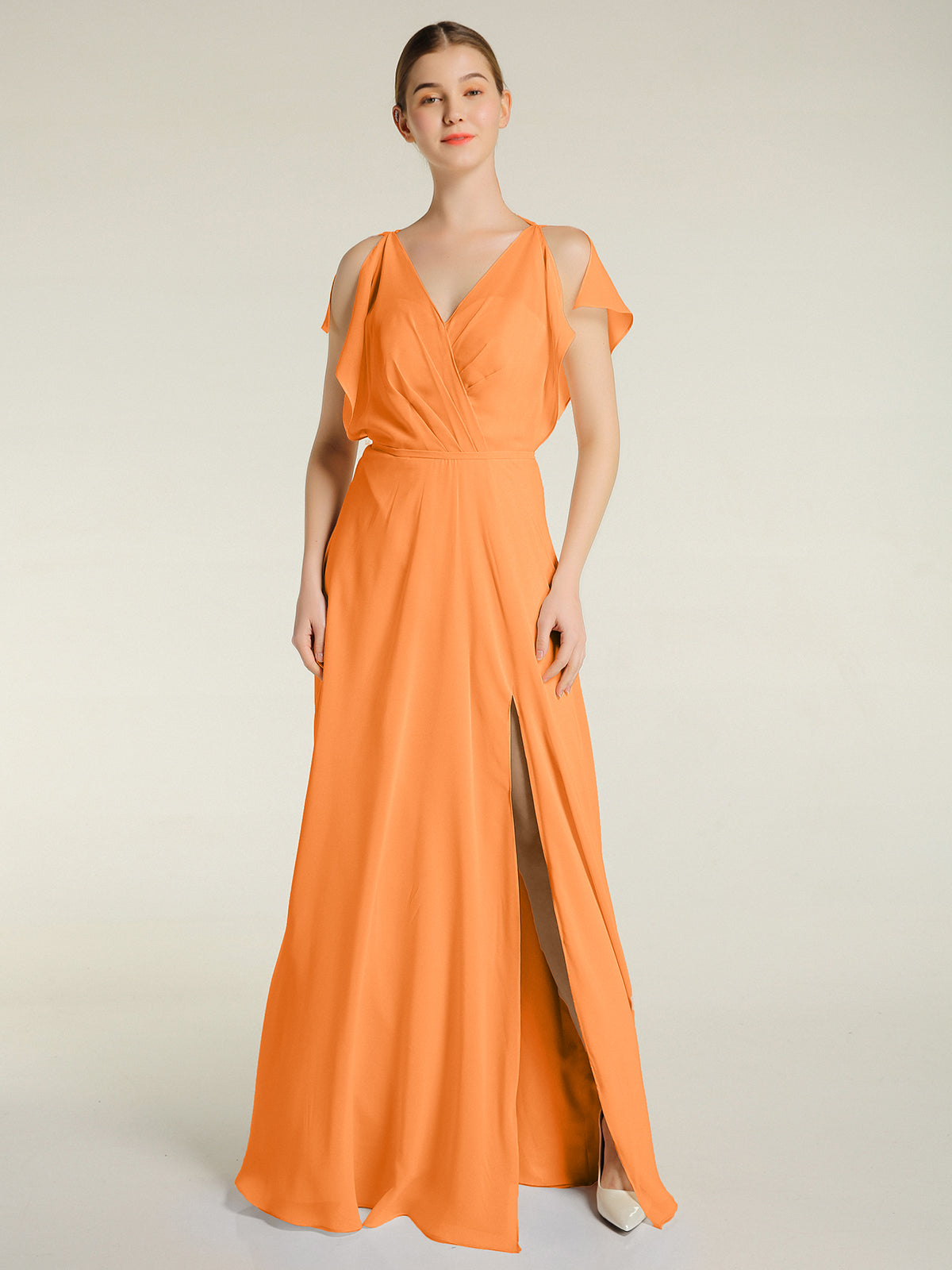 Deep V Neck Chiffon Low Back Dresses Orange Plus Size