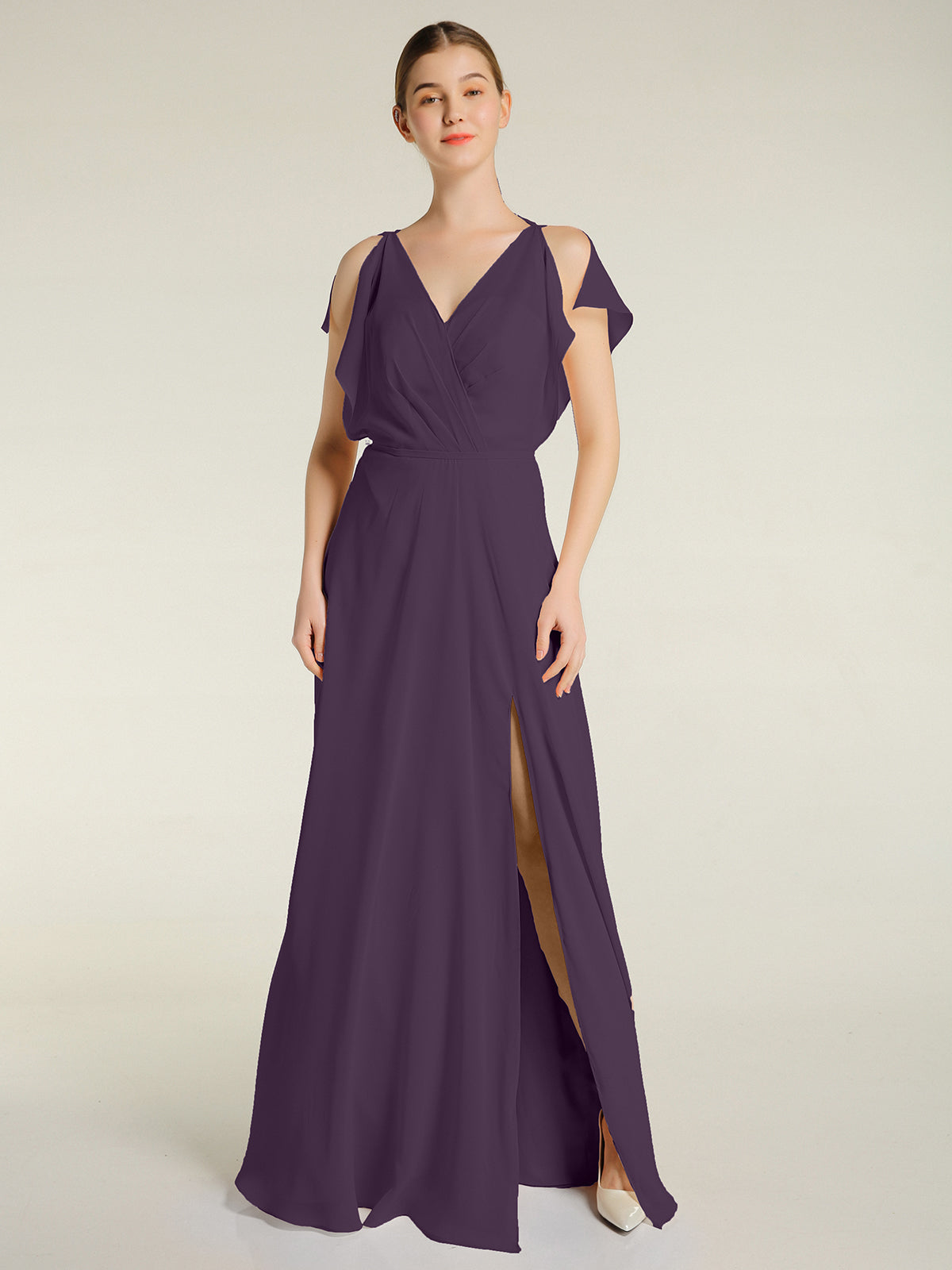 Open Back Chiffon Long Dresses with V-neck Plum Plus Size