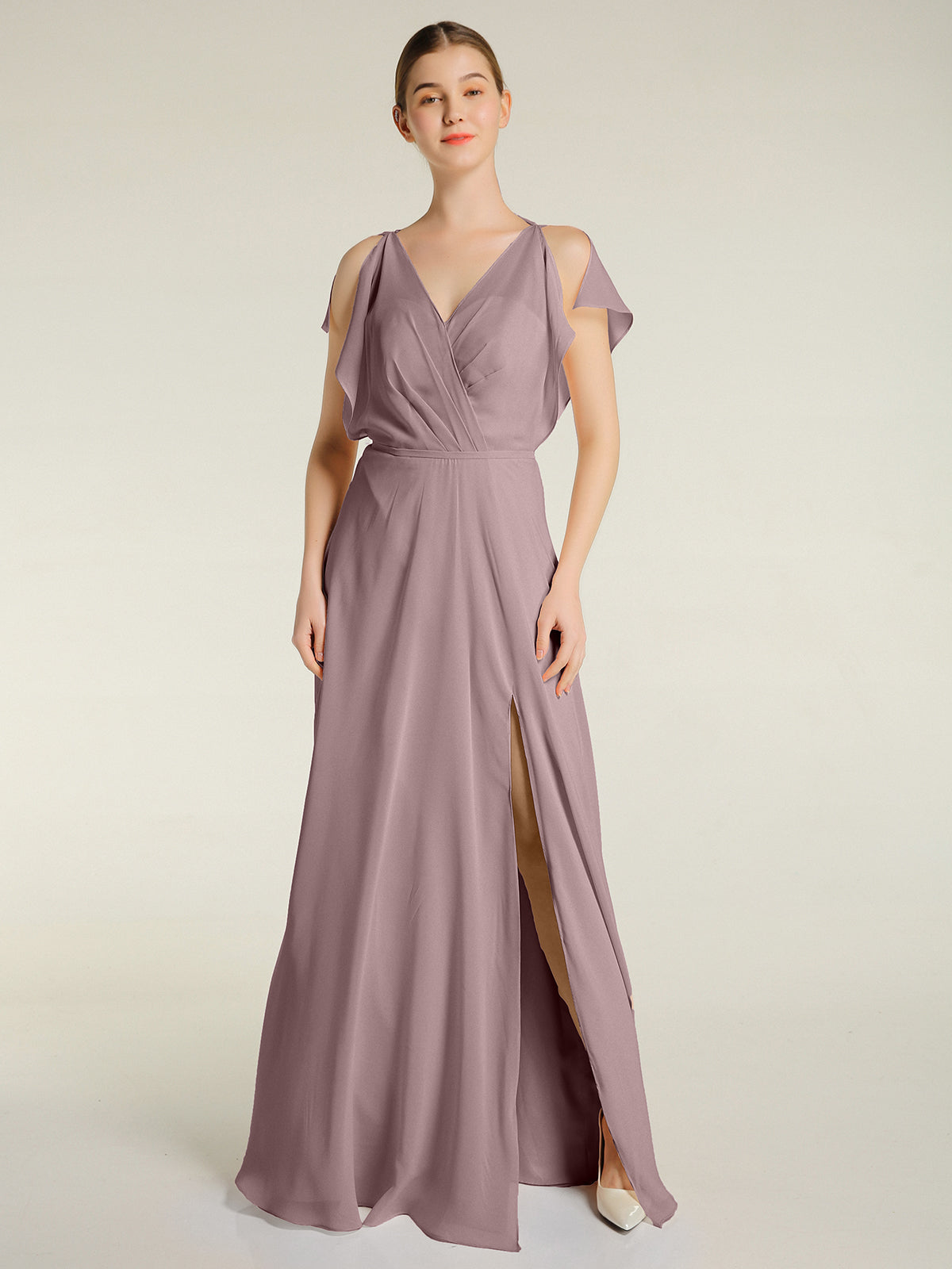 V Neckline Chiffon Maxi Dresses with Slit Vintage Mauve Plus Size ...
