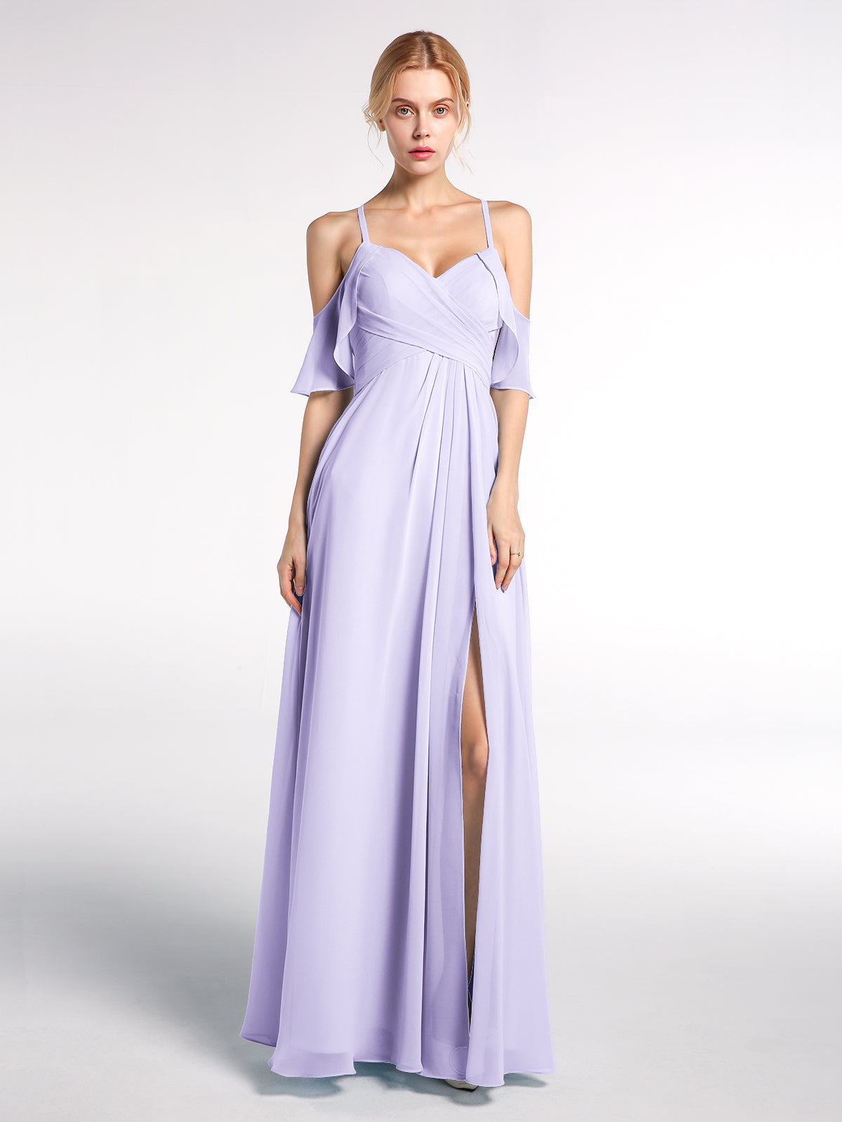 light purple bridesmaid dress BABARONI Chiffon Lilac Dresses Sweetheart Floor-length Spaghetti Straps with Slit Empire, Lilac / US0 Size:38/30 Miss Lori Harvey attended DMR0603-BO brush train