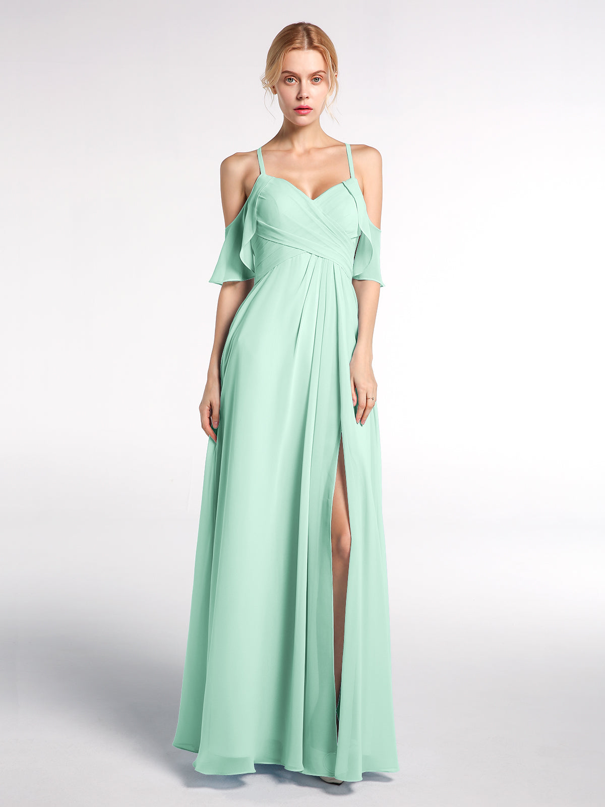 BABARONI Chiffon Mint Green Bridesmaid Dresses Sweetheart Floor-length Spaghetti Straps with Slit Empire BABARONI Chiffon Mint Green Bridesmaid Dresses Sweetheart Floor-length Spaghetti Straps with Slit Empire