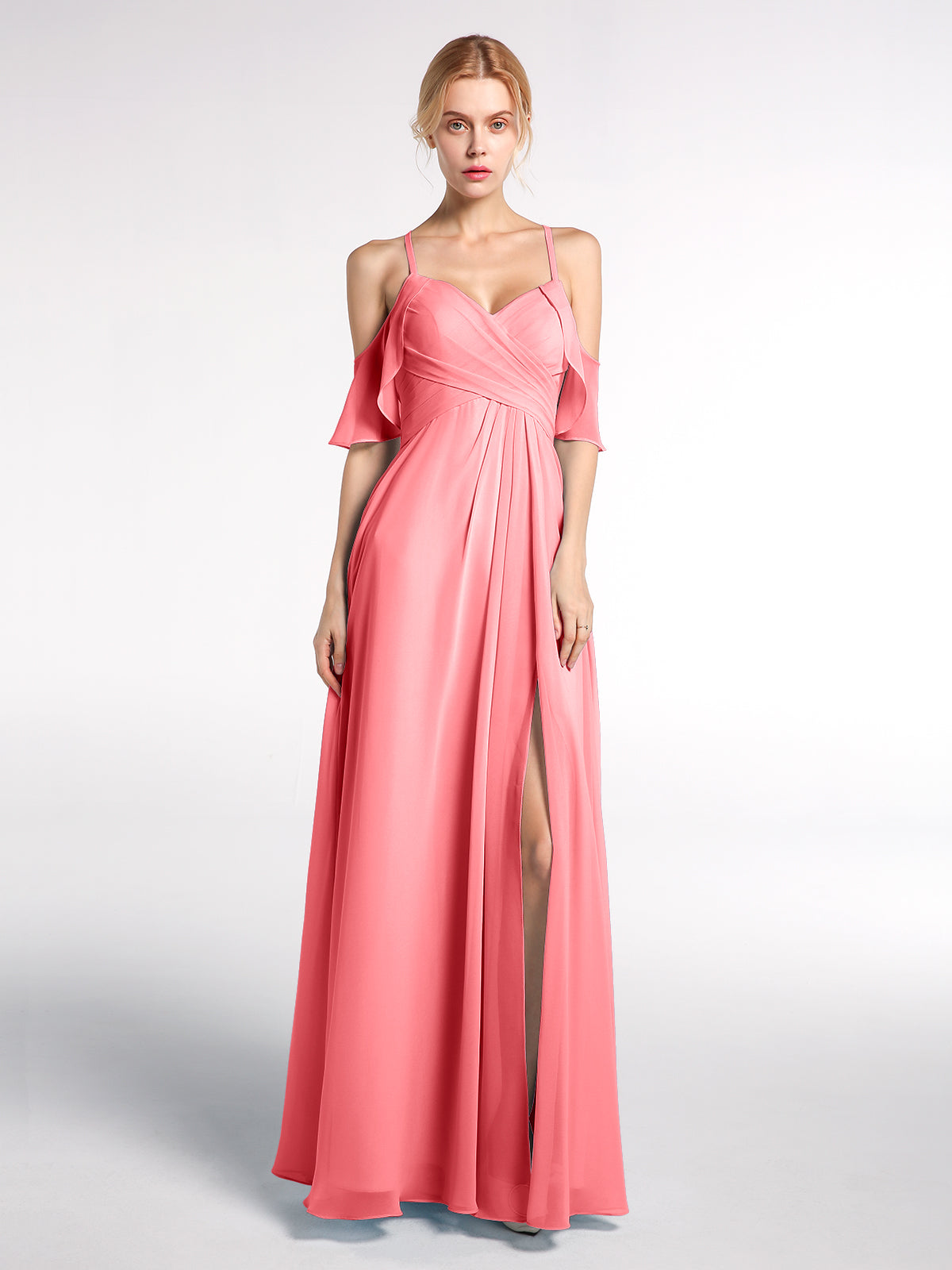 Long Spaghetti Straps Chiffon Dress with Lace Top Watermelon main image 0