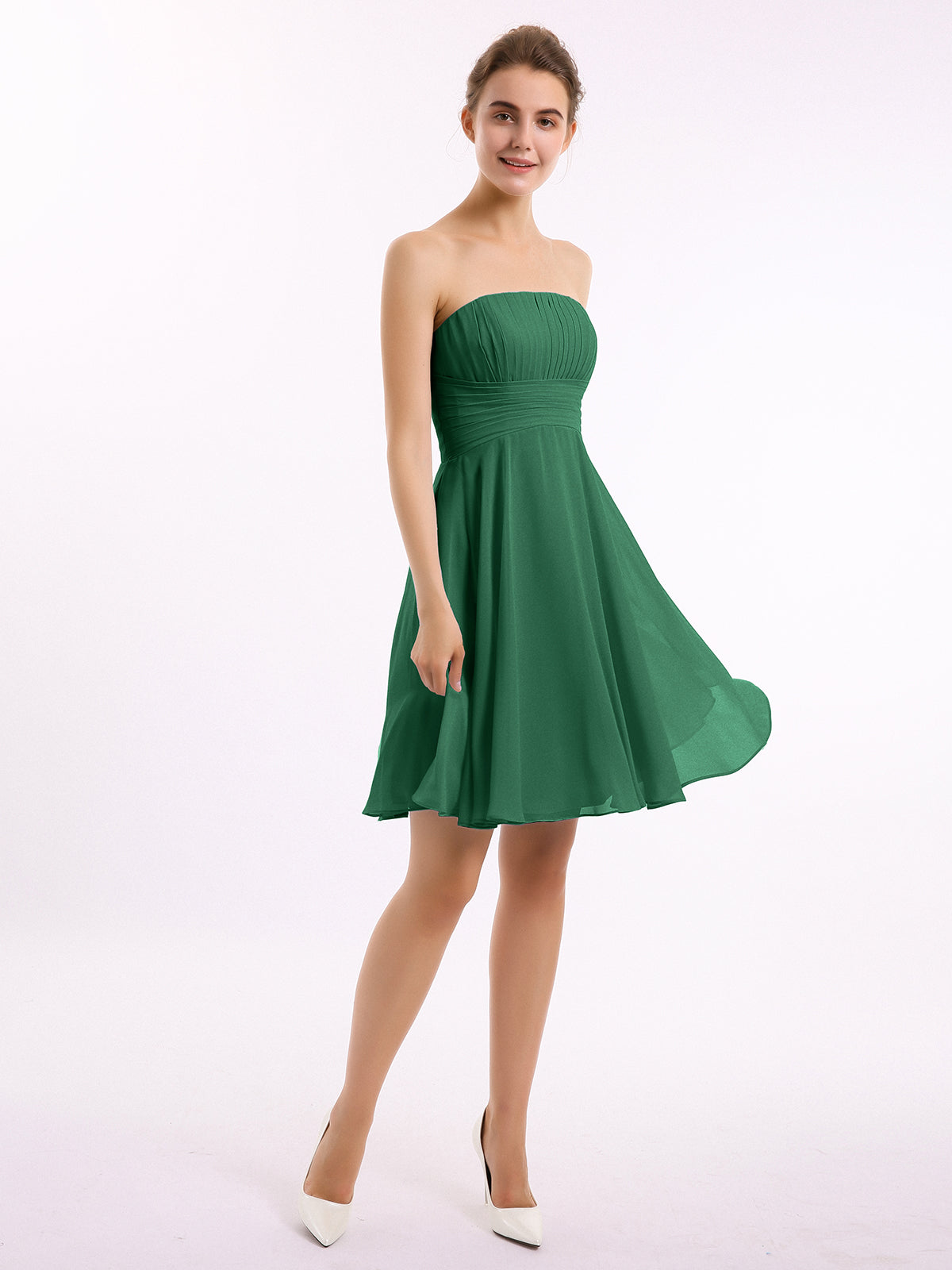 BABARONI Chiffon Dark Green Bridesmaid Dresses Strapless Knee-length Sleeveless Pleated A-line, Dark Green / US0