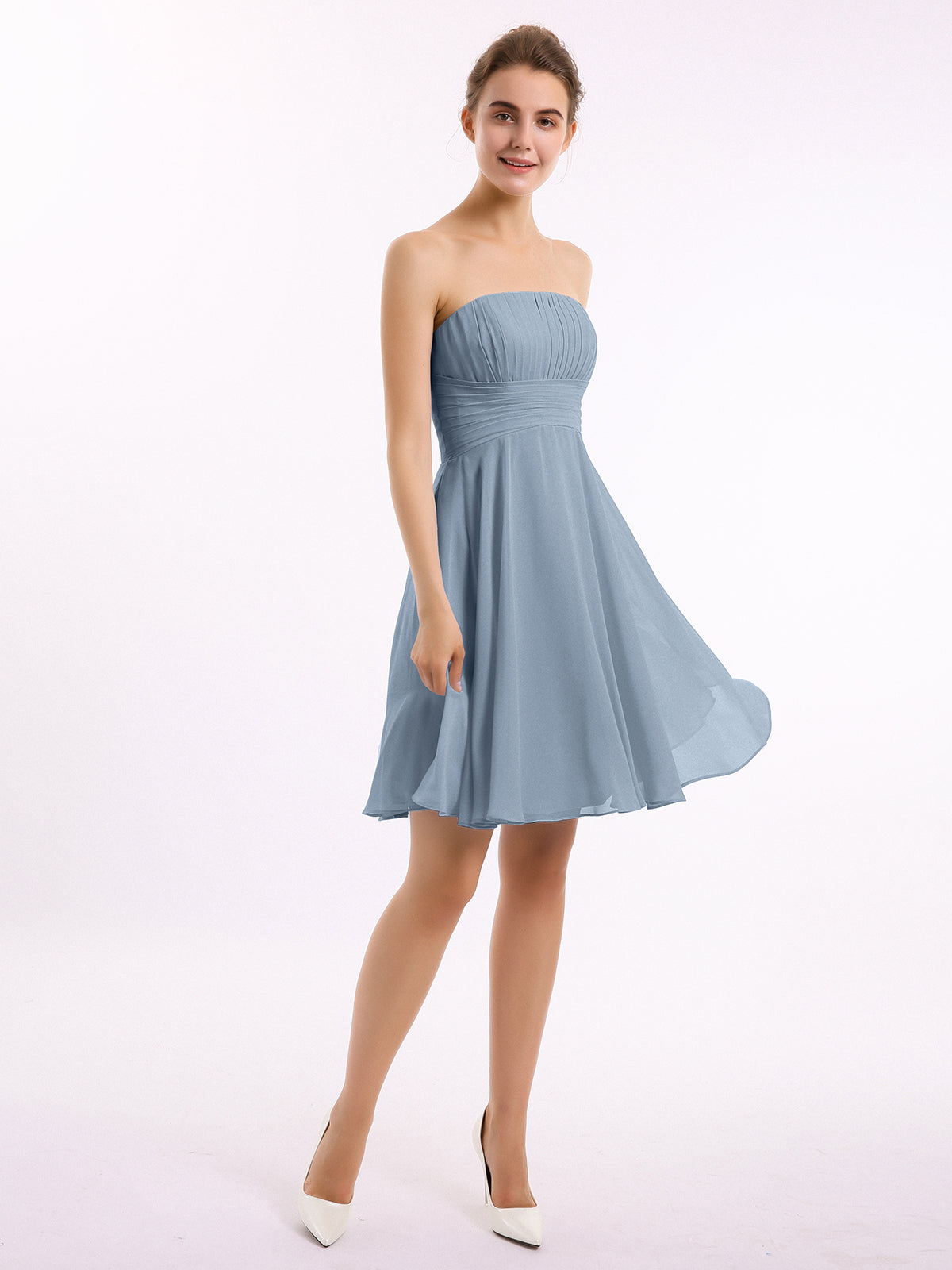 BABARONI Chiffon Dusty Blue Bridesmaid Dresses Strapless Knee-length Sleeveless Pleated A-line, Dusty Blue / US0