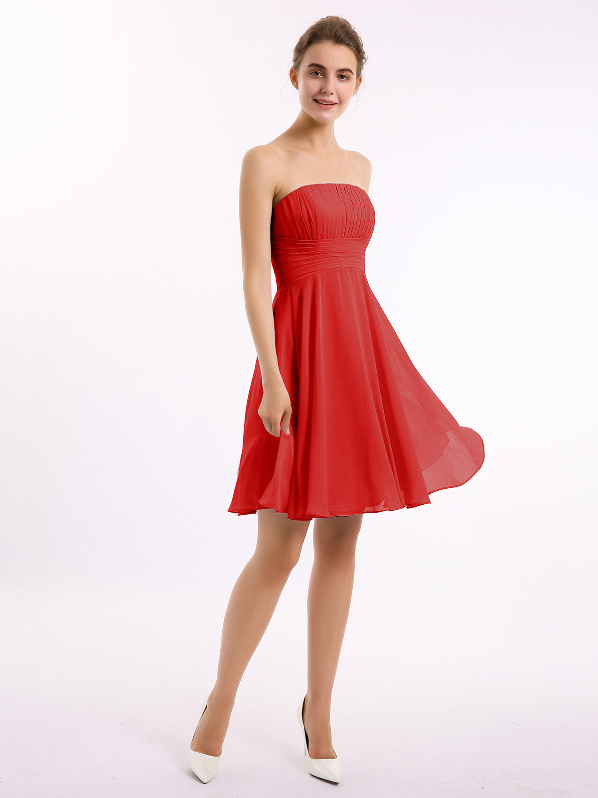 BABARONI Chiffon Red Bridesmaid Dresses Strapless Knee-length Sleeveless Pleated A-line, Red / US0