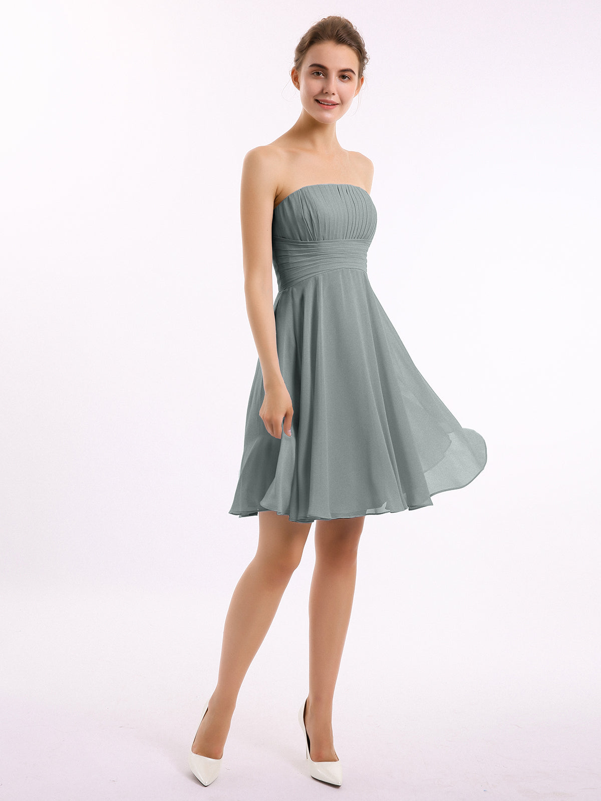BABARONI Strapless Chiffon Knee Length Bridesmaid Dress Steel Grey, Steel Grey / US0