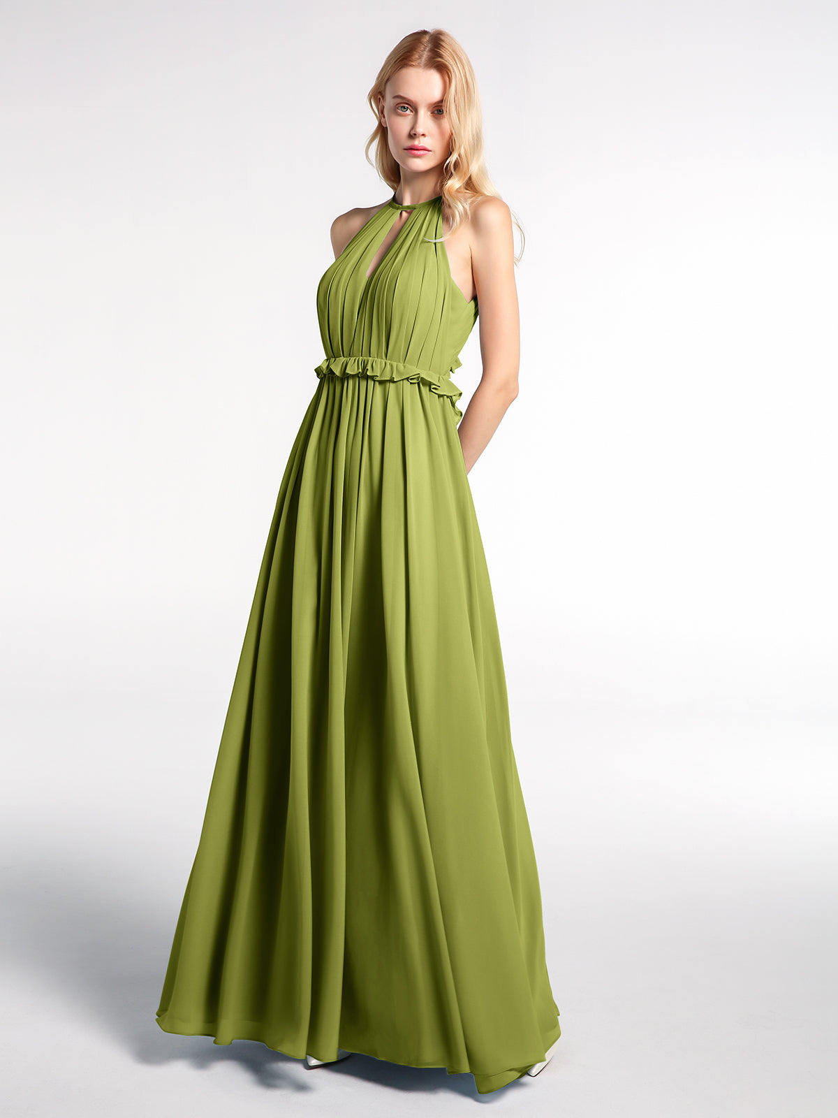 BABARONI Keyhole Neckline Open Back Chiffon Max Long Dress Clover, Clover / US0