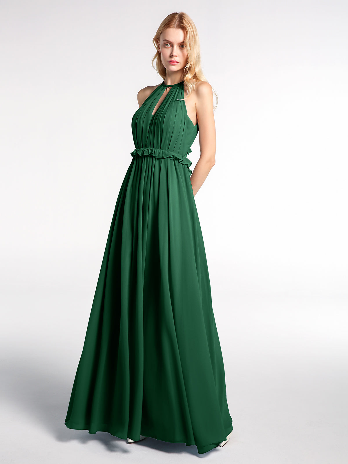 BABARONI Keyhole Neckline Open Back Chiffon Max Long Dress Dark Green, Dark Green / US0