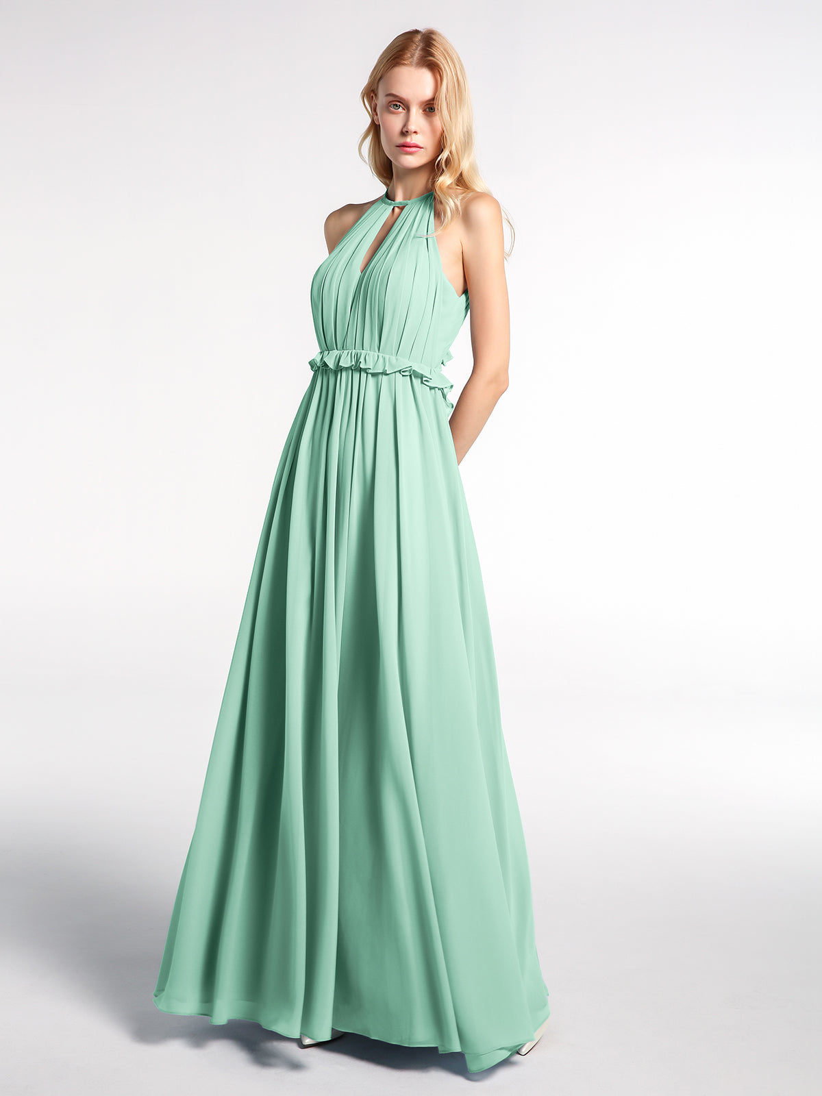 BABARONI Keyhole Neckline Open Back Chiffon Max Long Dress Mint Green, Mint Green / US0