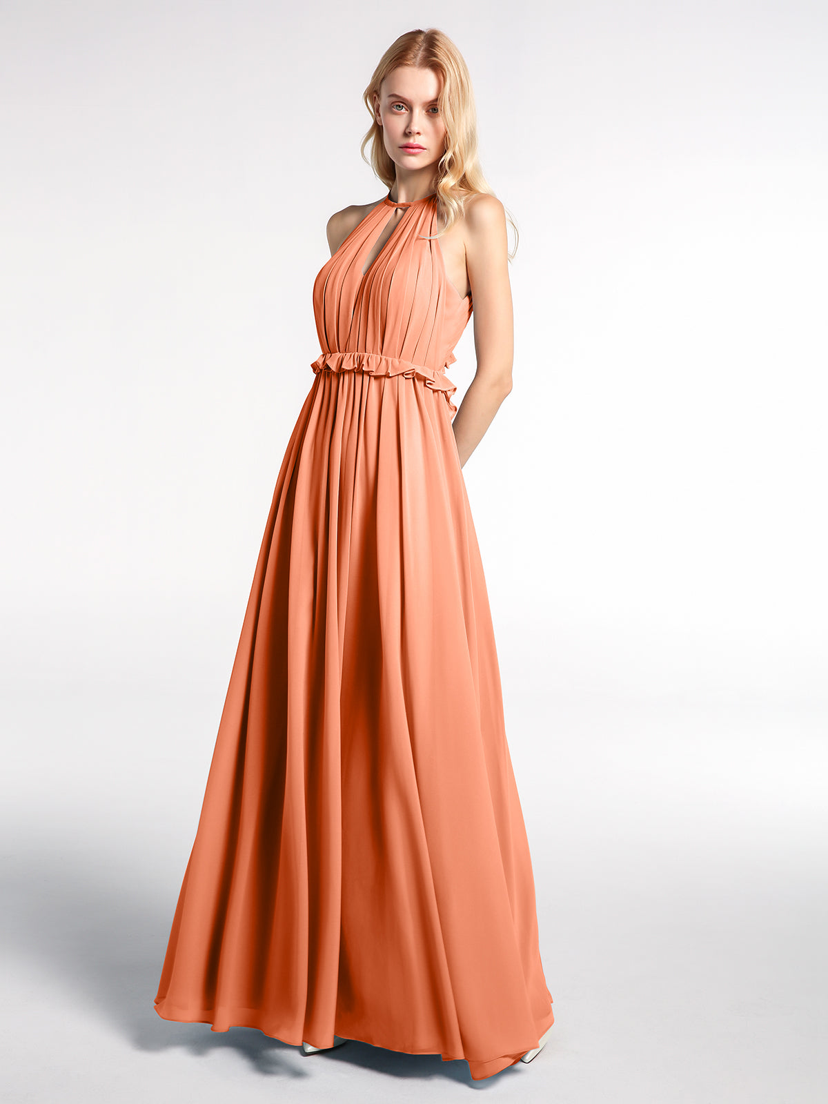 BABARONI Keyhole Neckline Open Back Chiffon Max Long Dress Papaya, Papaya / US0 BABARONI Keyhole Neckline Open Back Chiffon Max Long Dress Papaya, Papaya / US0