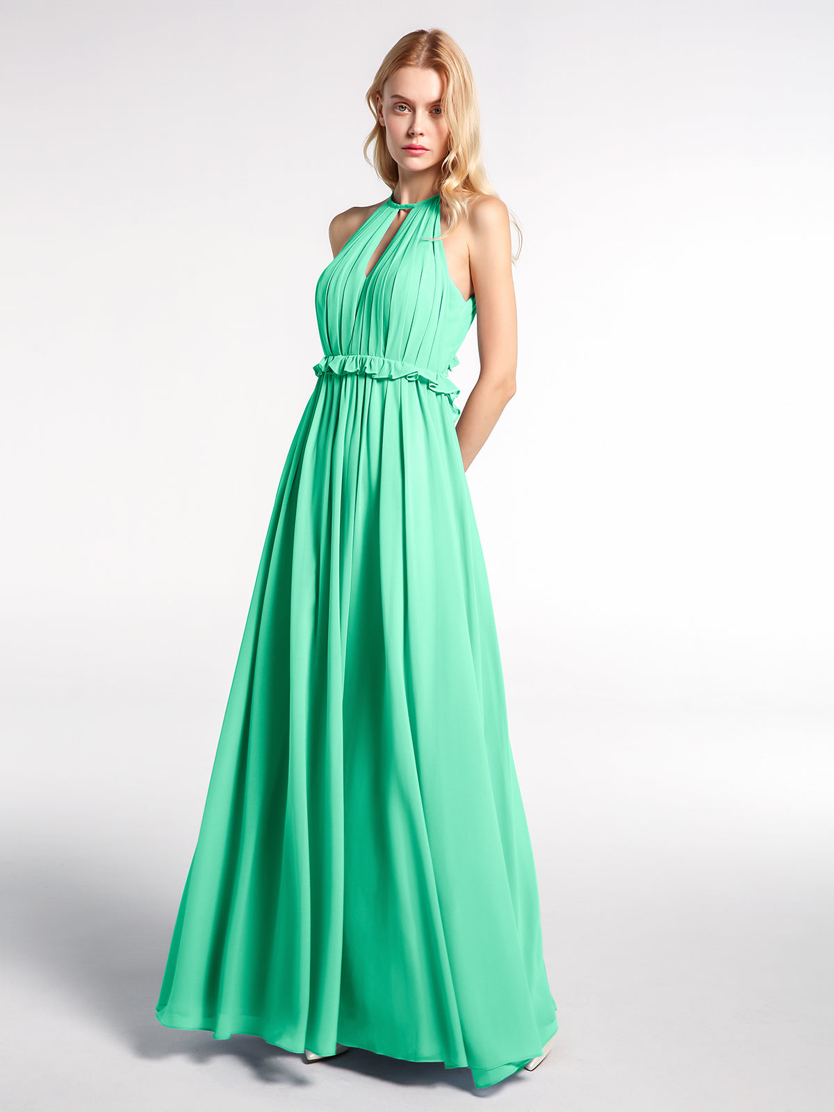 BABARONI Keyhole Neckline Open Back Chiffon Max Long Dress Turquoise, Turquoise / US0 BABARONI Keyhole Neckline Open Back Chiffon Max Long Dress Turquoise, Turquoise / US0
