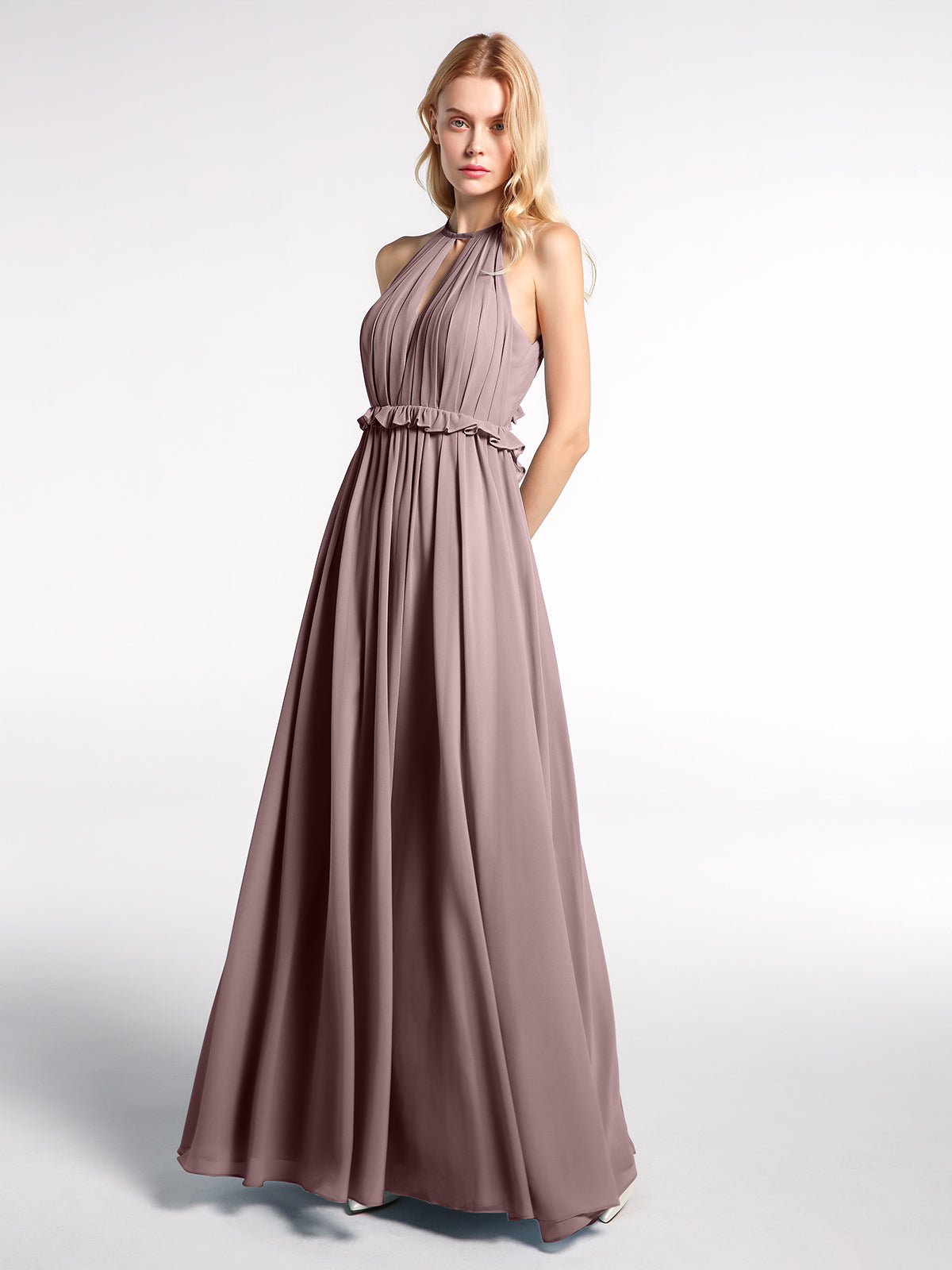 BABARONI Chiffon Vintage Mauve Bridesmaid Dresses Halter Floor-length  Backless Sleeveless A-line