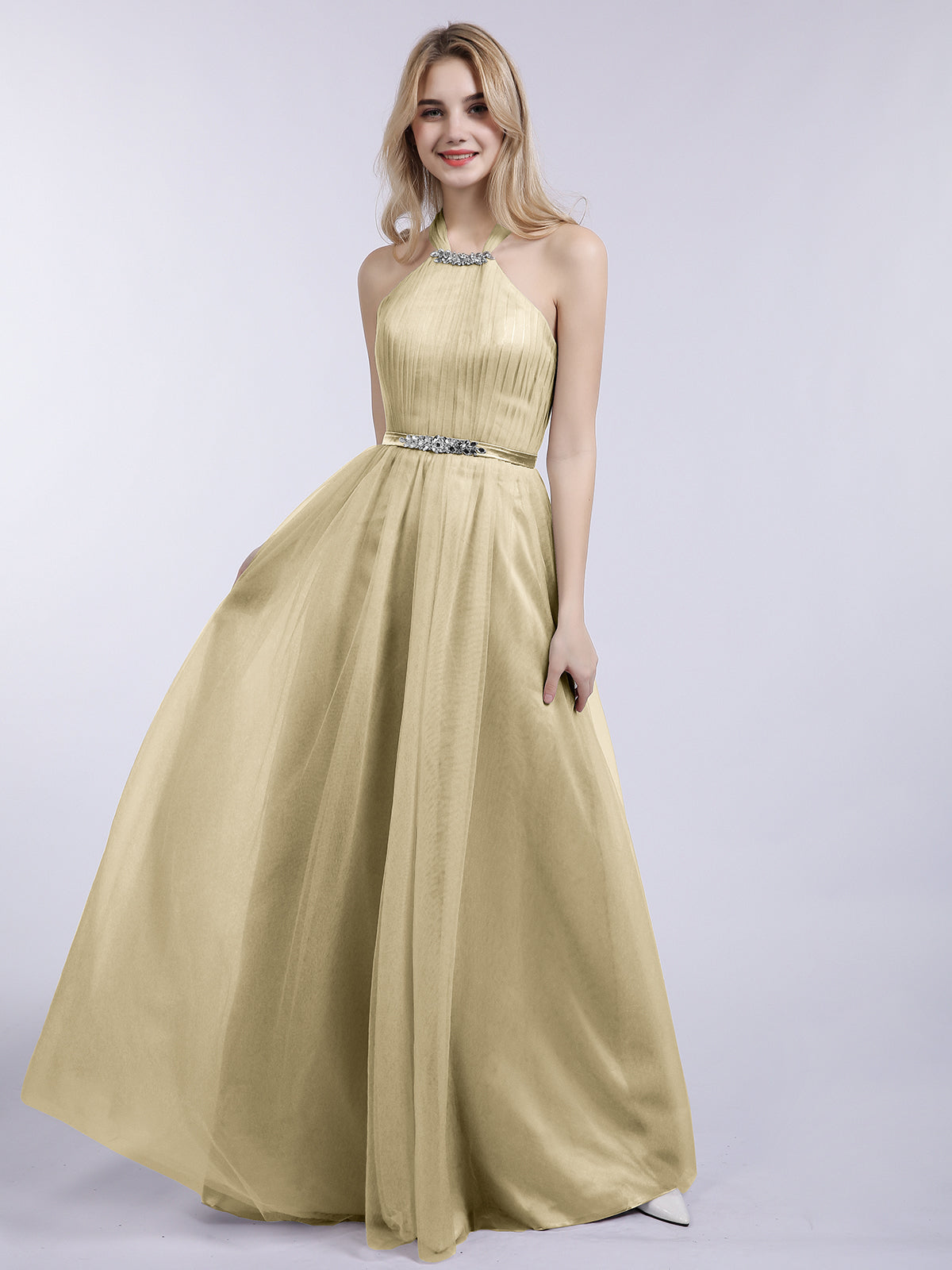 Full Length Chiffon Halter Dresses Champagne Plus Size