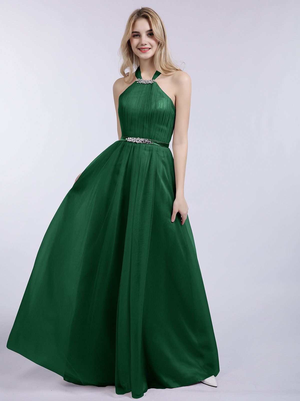 BABARONI Halter Tulle with Beaded Long Dress Dark Green, Dark Green / US0 BABARONI Halter Tulle with Beaded Long Dress Dark Green, Dark Green / US0