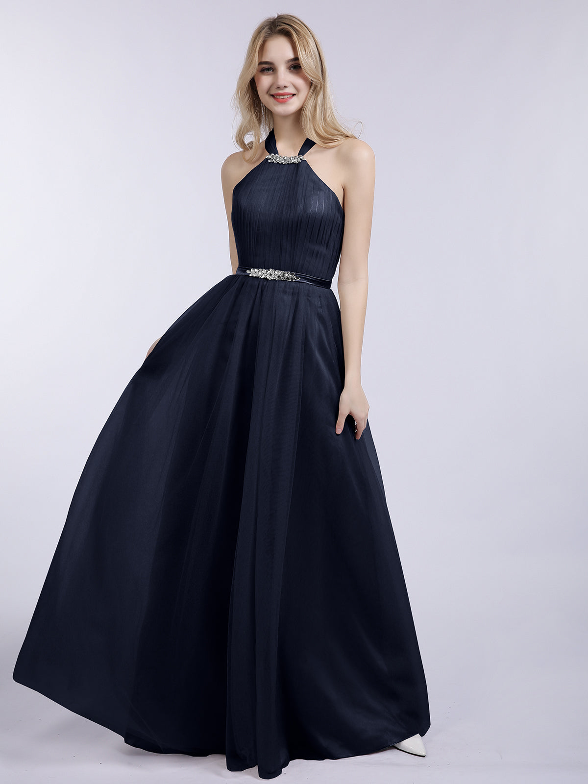 Halter Tulle with Beaded Long Dress Dark Navy Plus Size BABARONI Halter Tulle with Beaded Long Dress Dark Navy Plus Size BABARONI