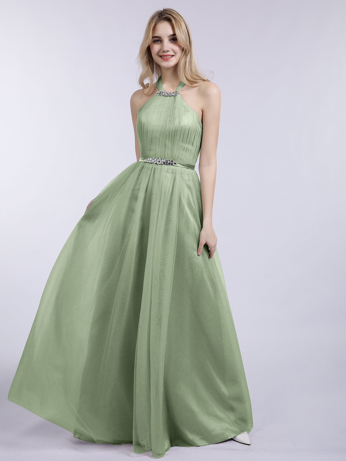 BABARONI Halter Tulle with Beaded Long Dress Dusty Sage, Dusty Sage / US0 BABARONI Halter Tulle with Beaded Long Dress Dusty Sage, Dusty Sage / US0