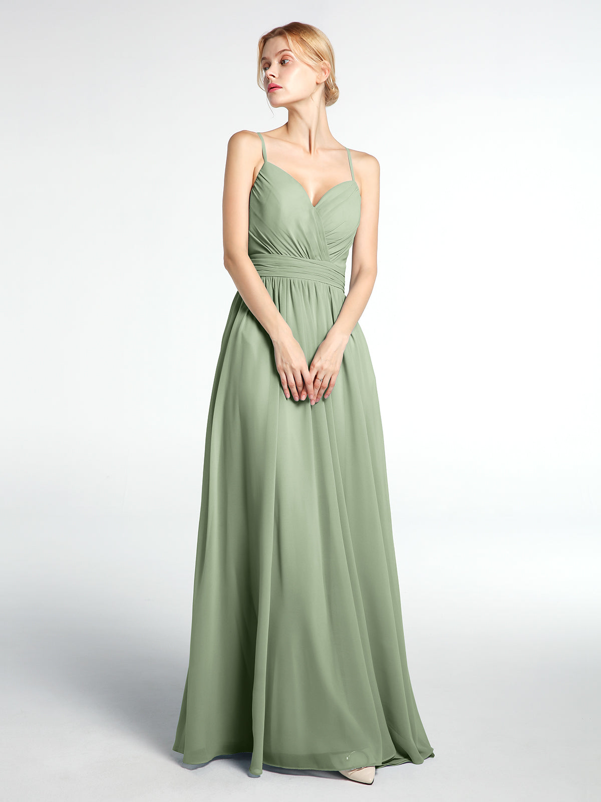 dusty olive green bridesmaid dresses BABARONI Chiffon Sage Sweetheart Floor-length Backless Spaghetti Straps A-line aje_mss_mar25exclusions Clara Feather Trim Midi Quantity:3-Pack Regular side neck to