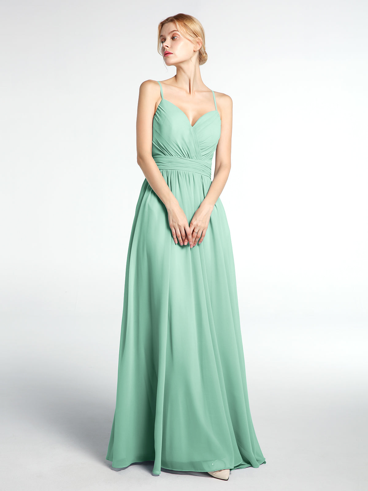BABARONI Chiffon Mint Green Bridesmaid Dresses Sweetheart Floor-length  Backless Spaghetti Straps A-line