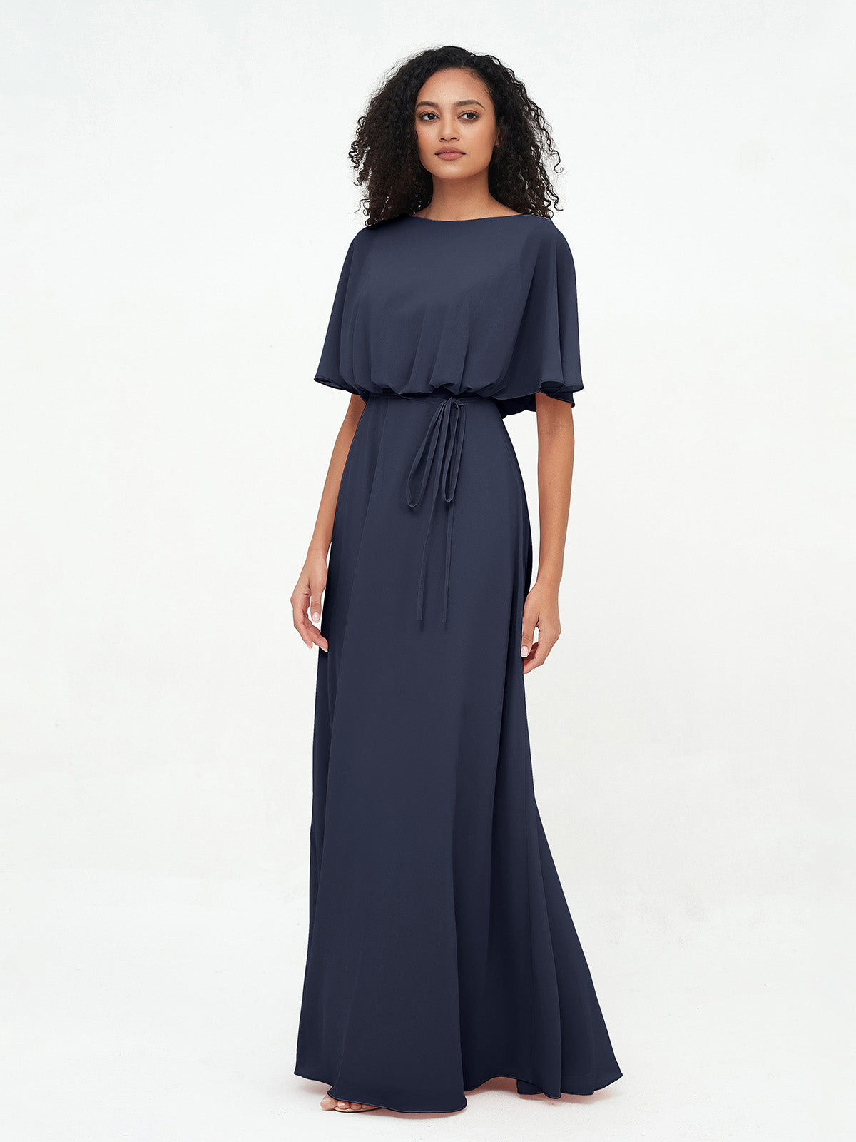 V-neck Chiffon Bridesmaid Dress with Bow Back Dark Navy