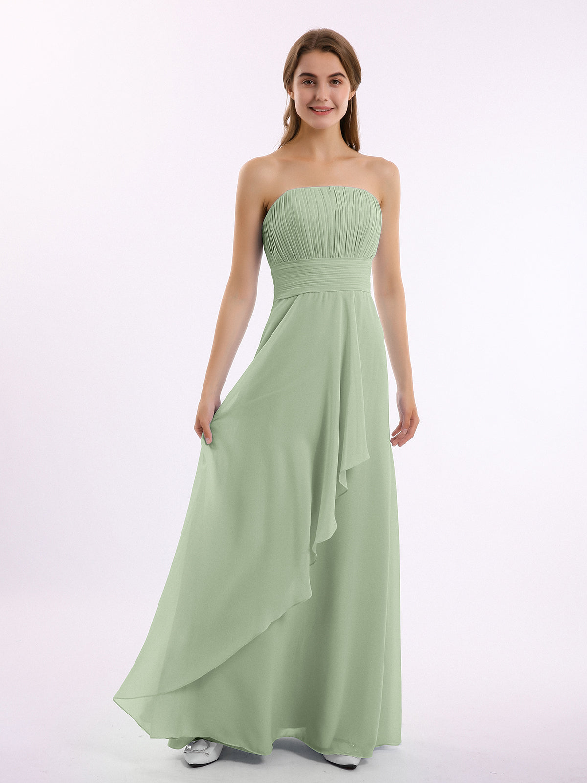 Strapless Sweetheart Maxi Bridesmaid Dress With Pleated Front Slit In Sage