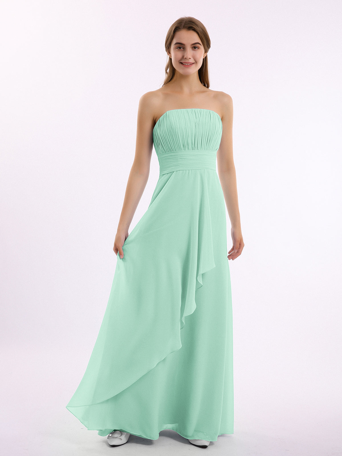 BABARONI Chiffon Mint Green Bridesmaid Dresses Strapless Floor-length Sleeveless Pleated A-line BABARONI Chiffon Mint Green Bridesmaid Dresses Strapless Floor-length Sleeveless Pleated A-line
