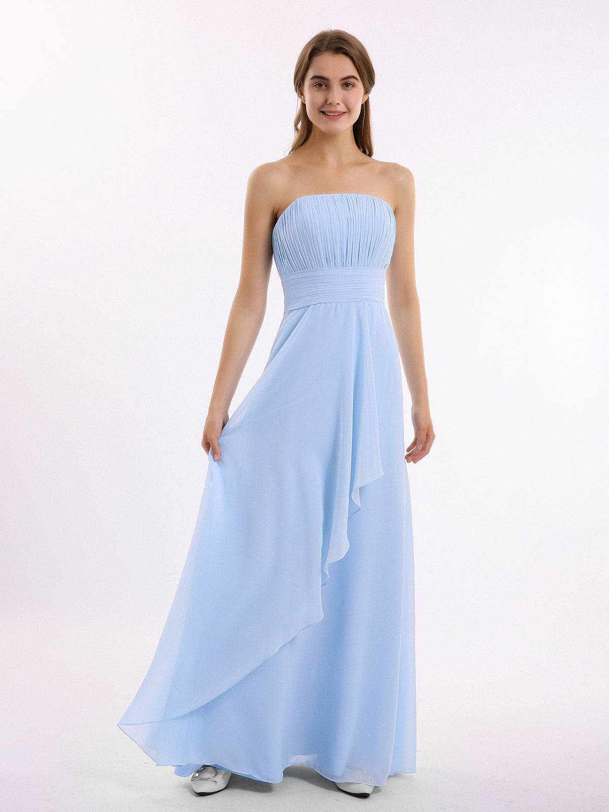 BABARONI Chiffon Sky Blue Bridesmaid Dresses Strapless Floor-length