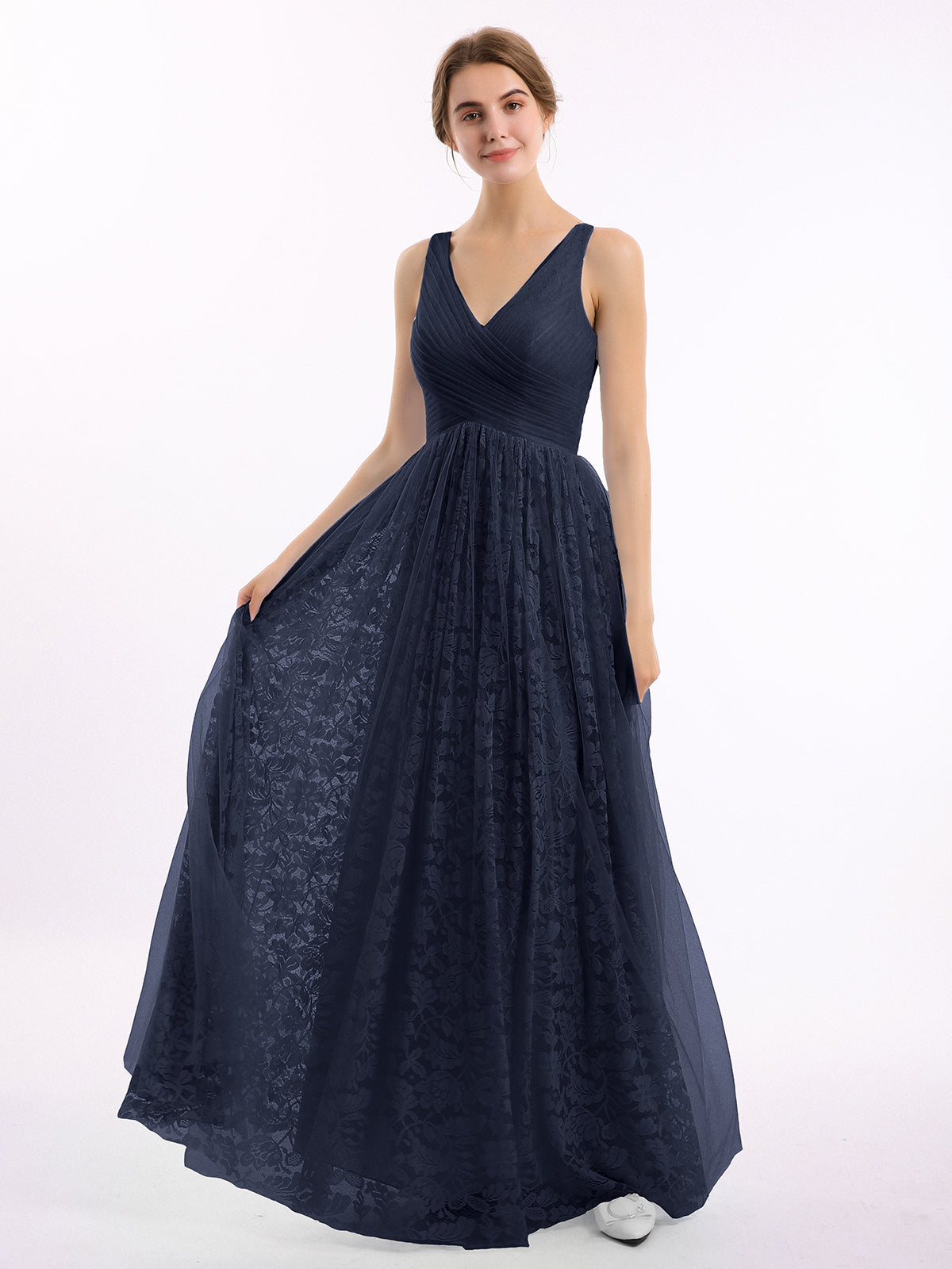 Tulle with Lace Appliqued Long Dresses Dark Navy Plus Size