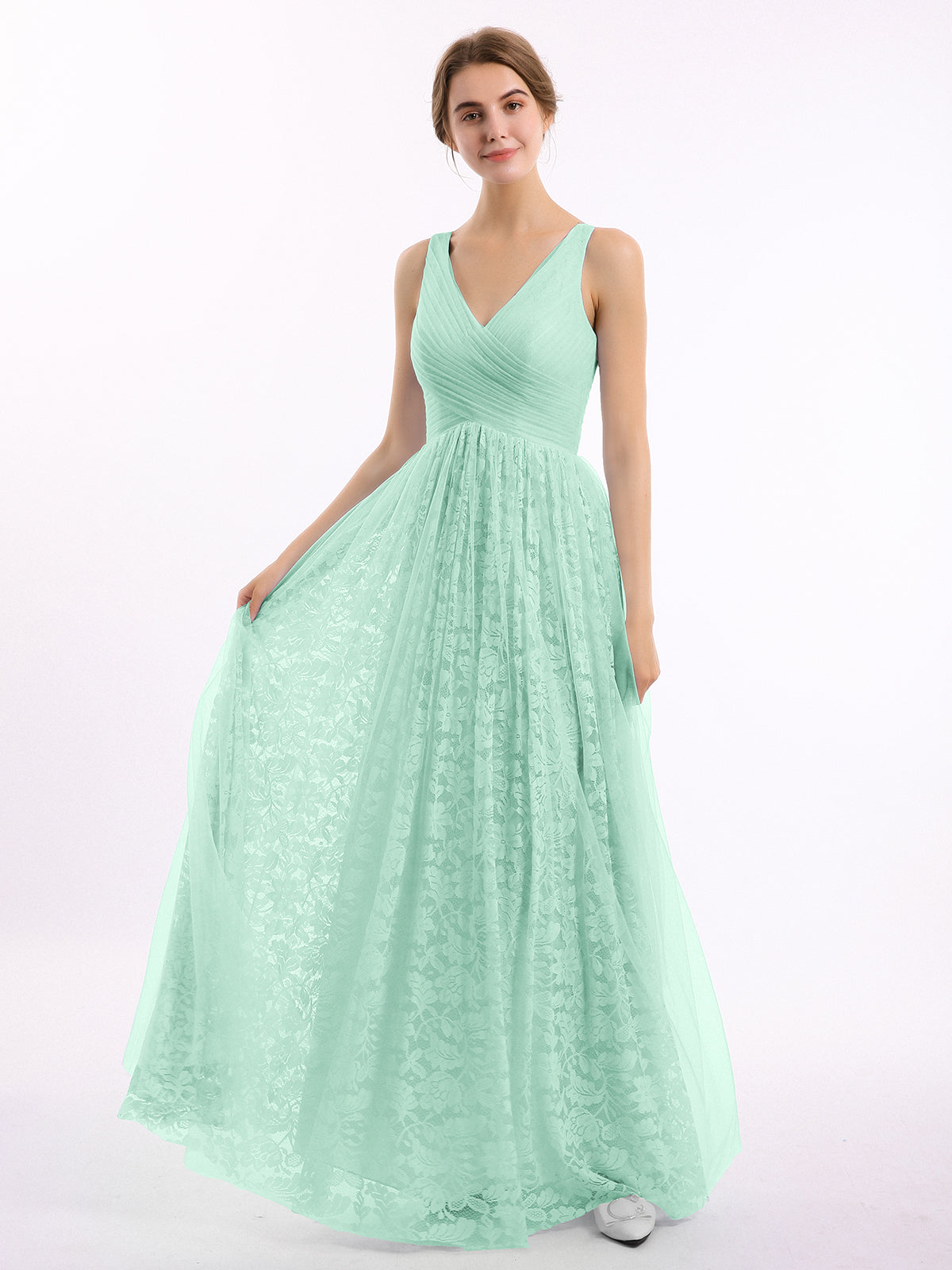 BABARONI V neck Lace Lining And Tulle Dresses Mint Green, Mint Green / US0 BABARONI V neck Lace Lining And Tulle Dresses Mint Green, Mint Green / US0